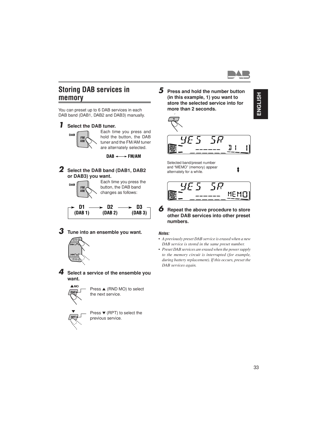 JVC KD-SX911R, KD-SX991R manual Storing DAB services in memory, Select the DAB band DAB1, DAB2 or DAB3 you want 