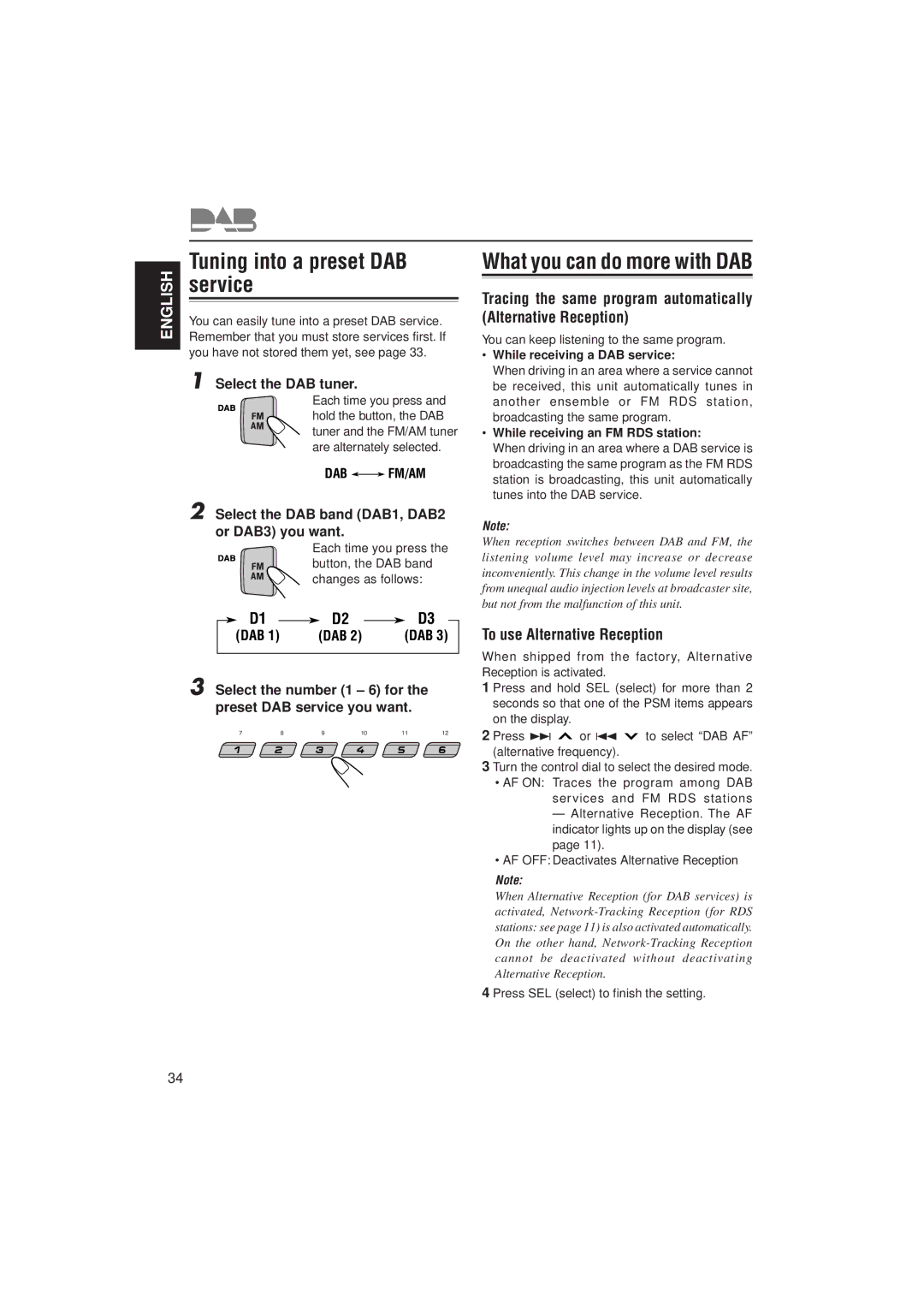 JVC KD-SX991R, KD-SX911R manual Tuning into a preset DAB, Service, To use Alternative Reception 