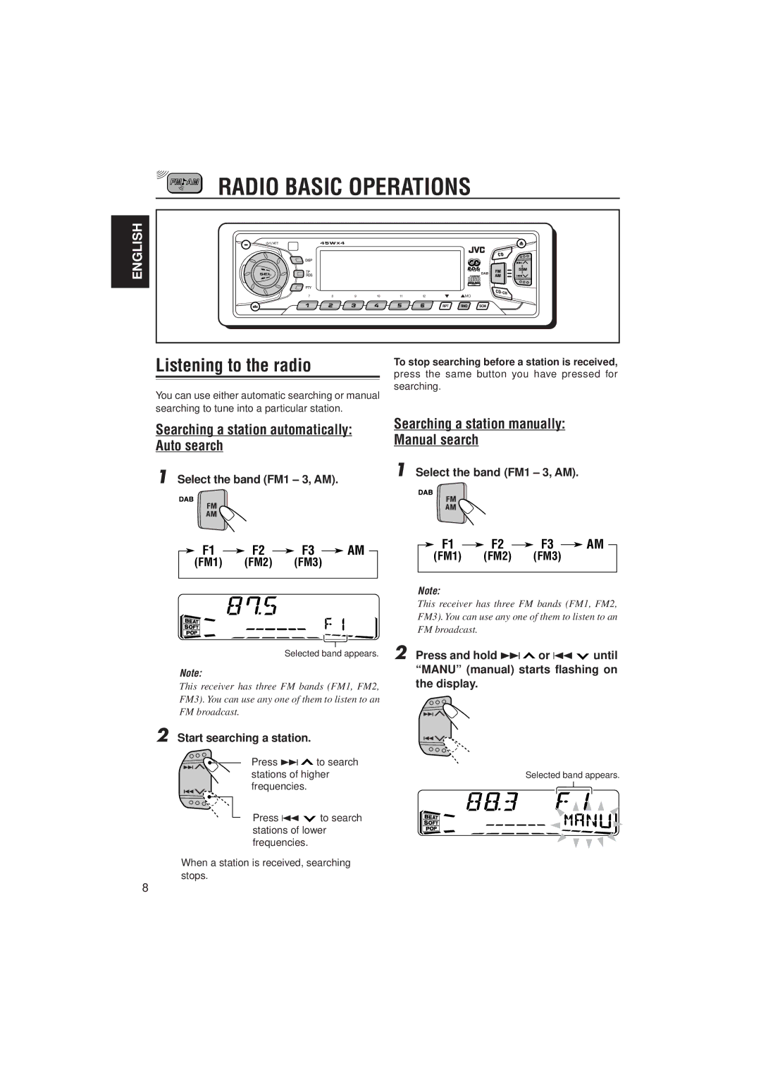 JVC KD-SX991R, KD-SX911R manual Radio Basic Operations, Listening to the radio, F1 F2 F3 AM 