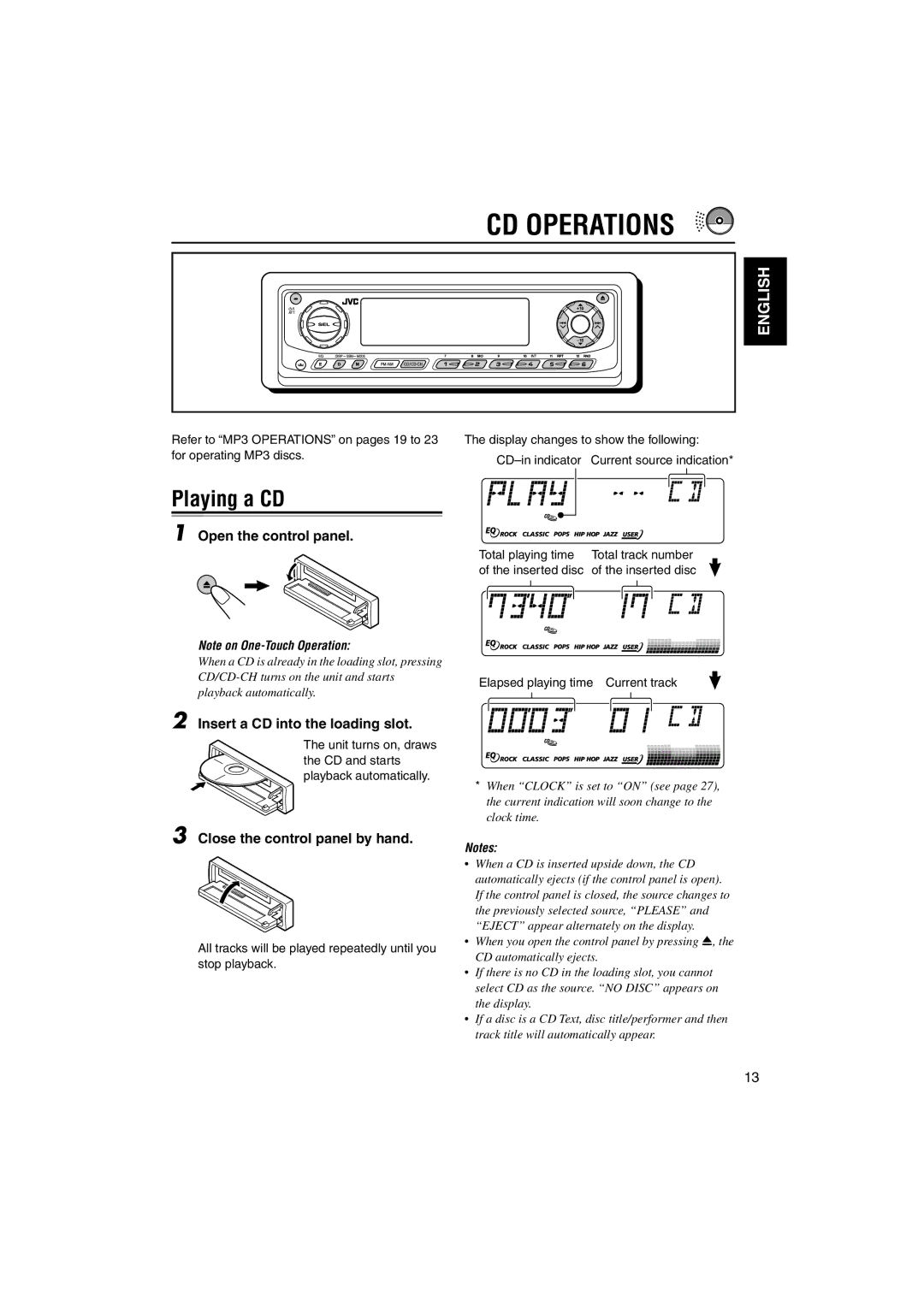 JVC KD-SX995 manual CD Operations, Playing a CD, Open the control panel, Insert a CD into the loading slot 