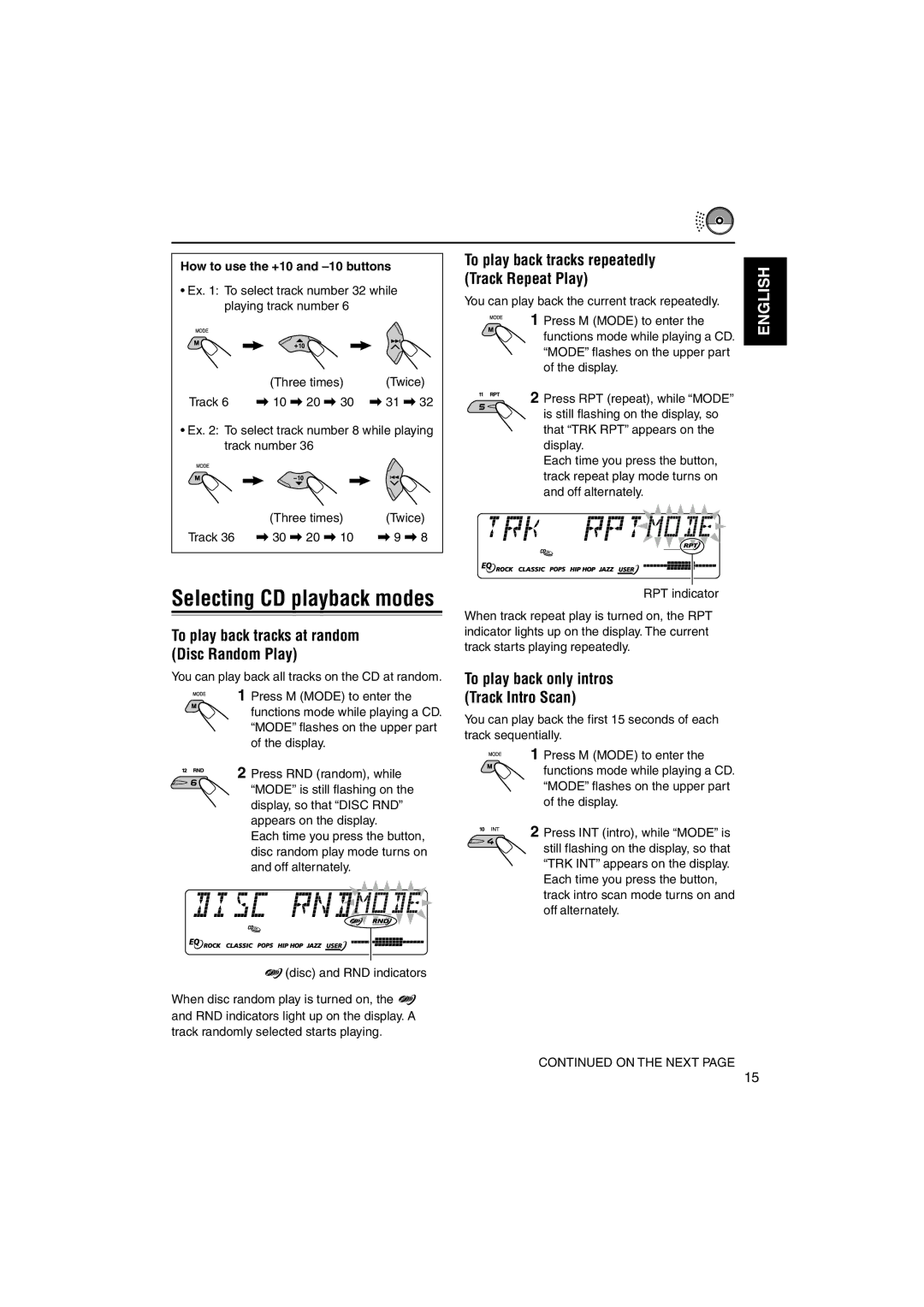 JVC KD-SX995 manual Selecting CD playback modes, To play back tracks at random Disc Random Play 