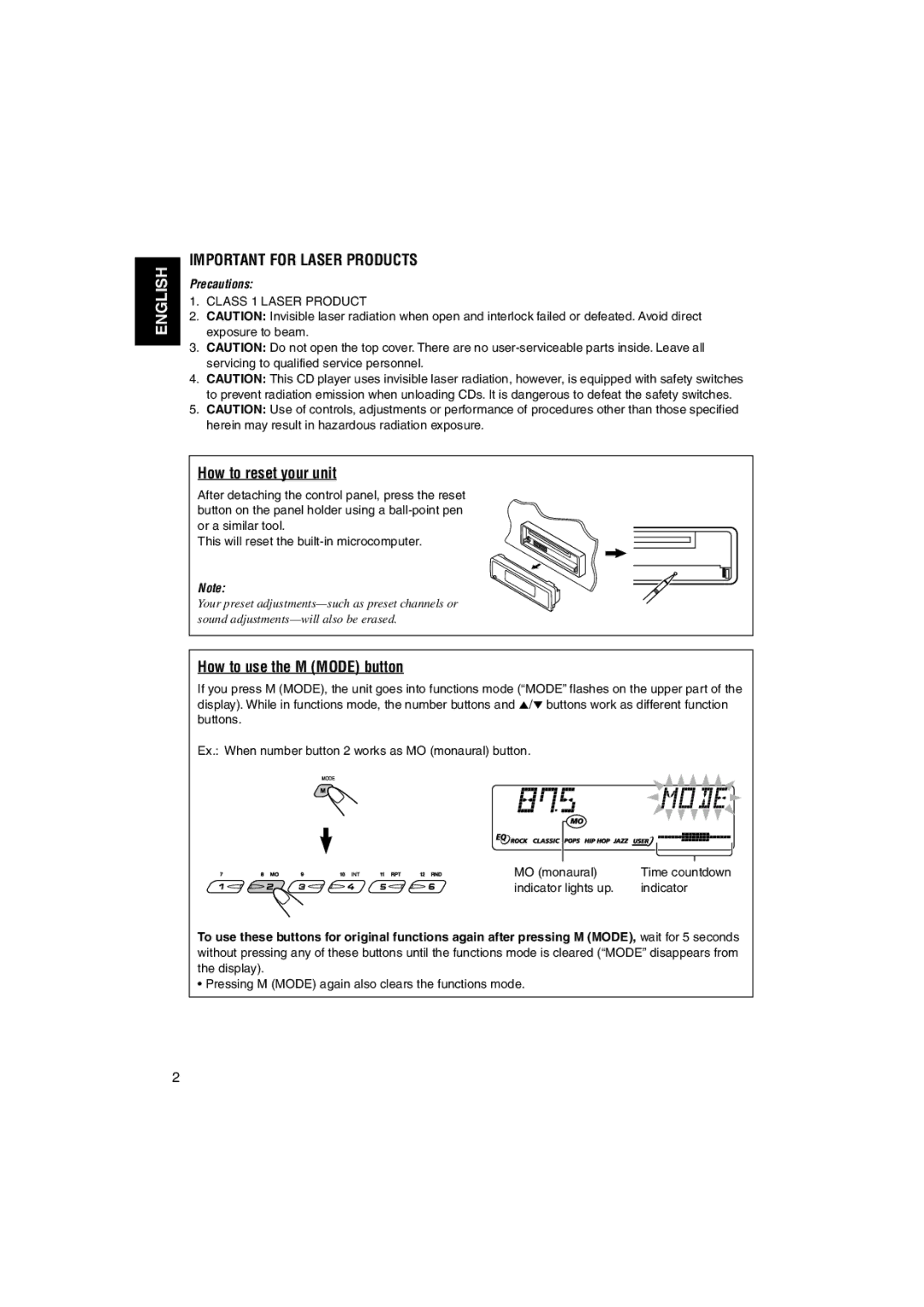 JVC KD-SX995 manual How to reset your unit, How to use the M Mode button, Class 1 Laser Product, Indicator lights up 