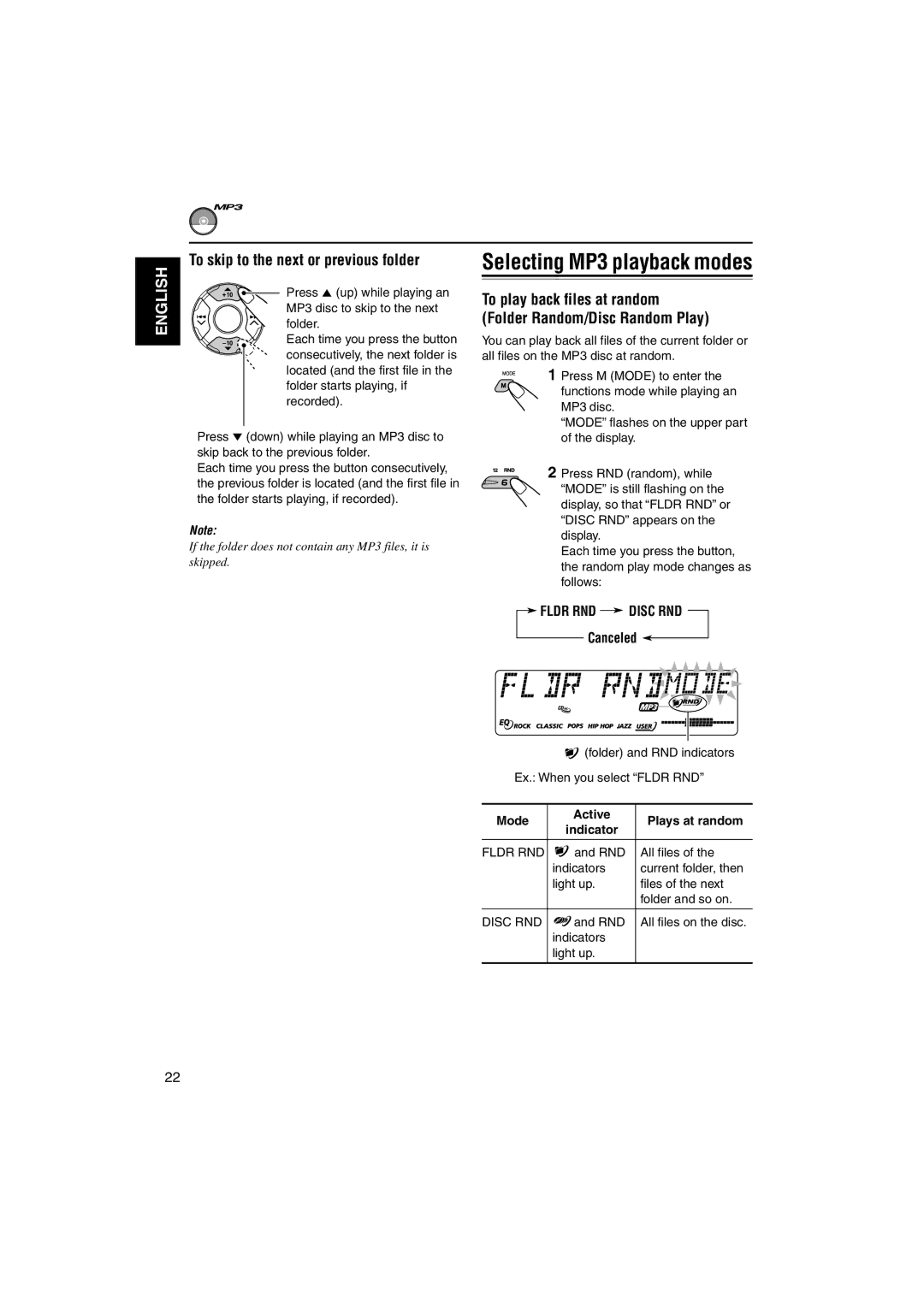 JVC KD-SX995 manual Selecting MP3 playback modes, To skip to the next or previous folder, Fldr RND Disc RND, Canceled 