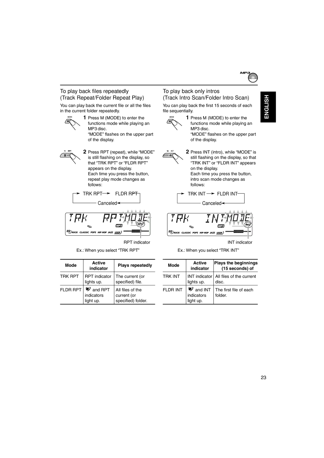 JVC KD-SX995 manual To play back only intros Track Intro Scan/Folder Intro Scan, TRK RPT Fldr RPT, TRK INT Fldr INT 