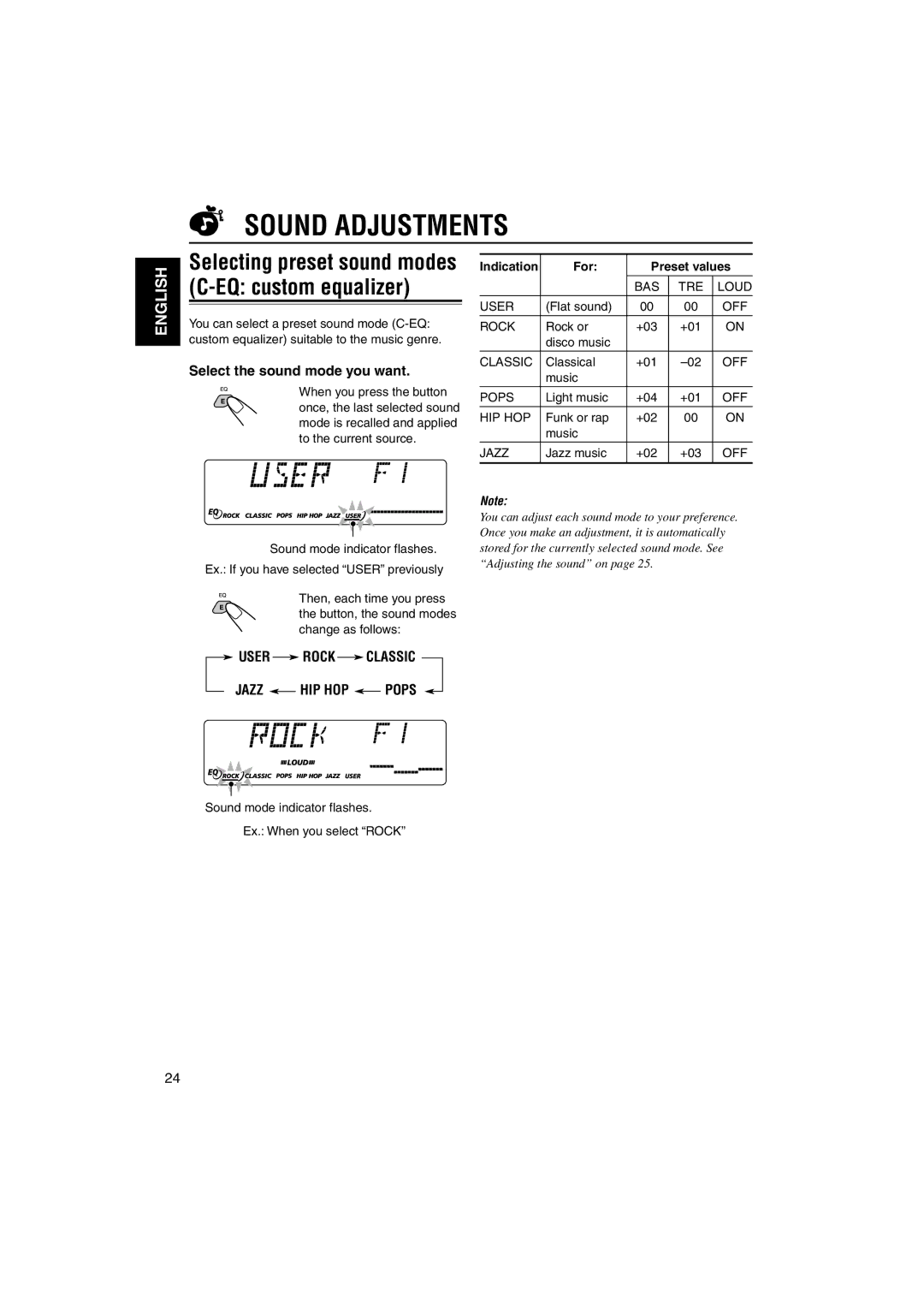 JVC KD-SX995 manual Sound Adjustments, Selecting preset sound modes C-EQ custom equalizer, Select the sound mode you want 