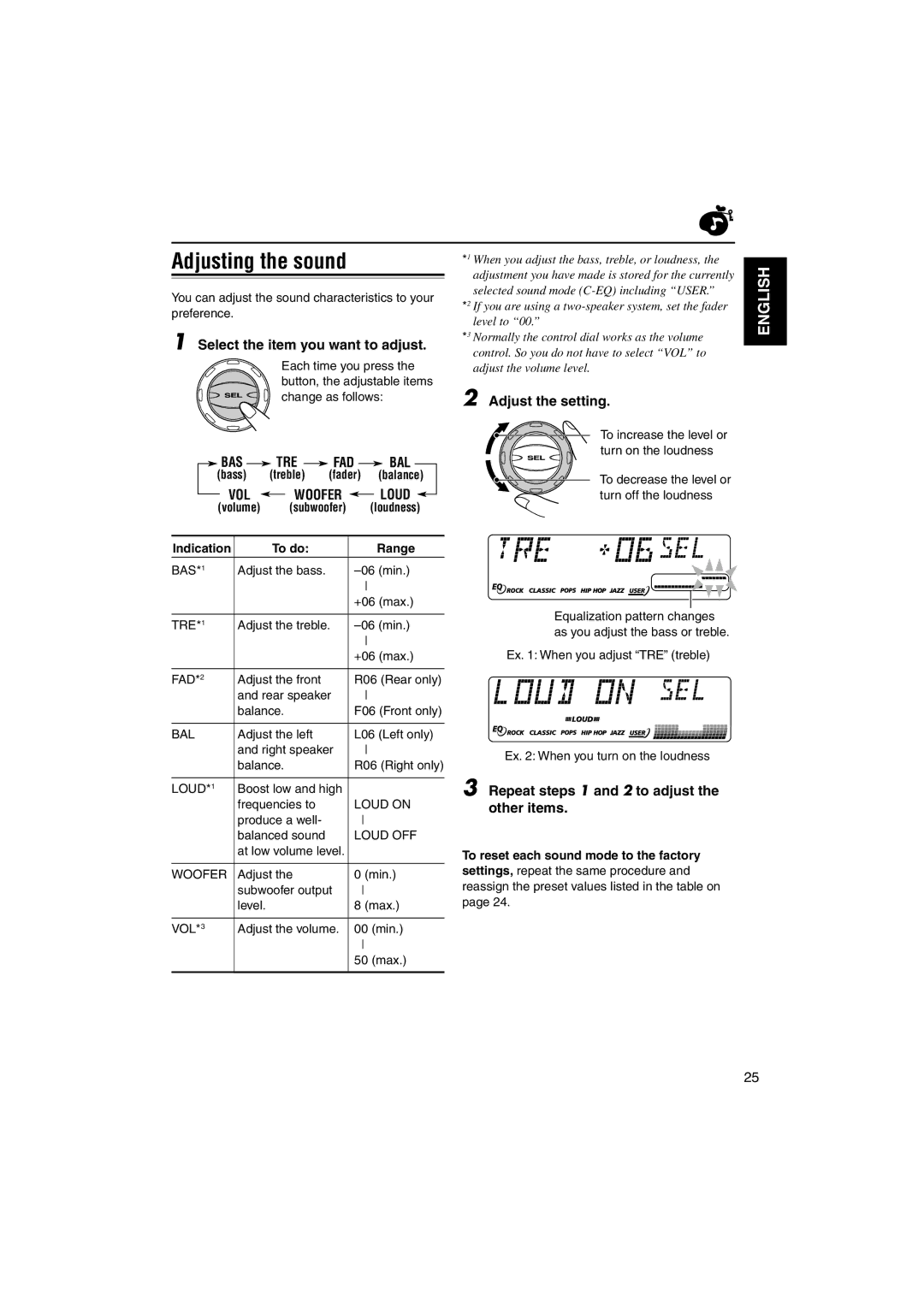 JVC KD-SX995 manual Adjusting the sound, Select the item you want to adjust, Bas Tre Fad Bal, Adjust the setting 