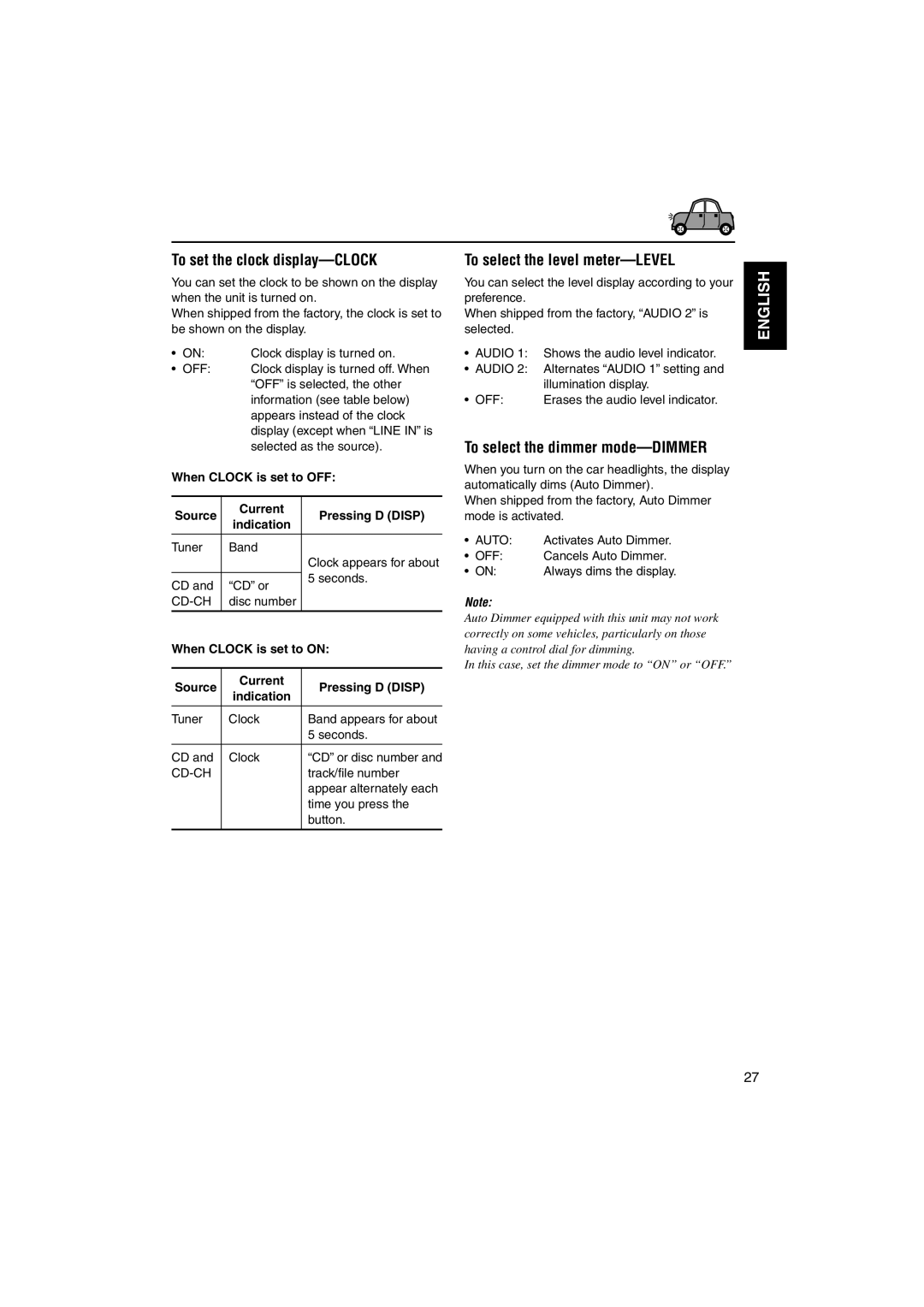 JVC KD-SX995 manual To set the clock display-CLOCK, To select the level meter-LEVEL, To select the dimmer mode-DIMMER 