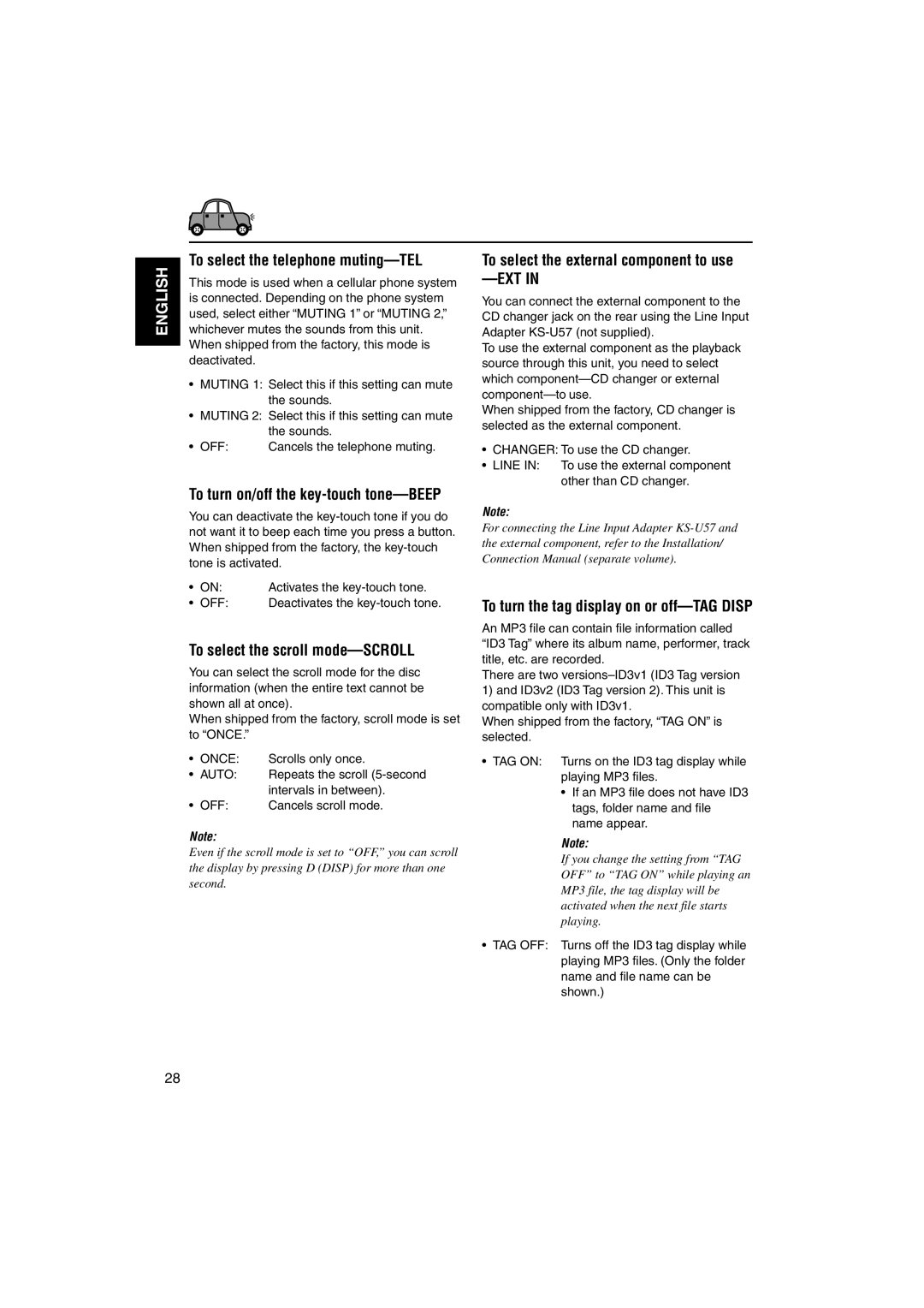 JVC KD-SX995 To select the telephone muting-TEL, To select the scroll mode-SCROLL, To select the external component to use 