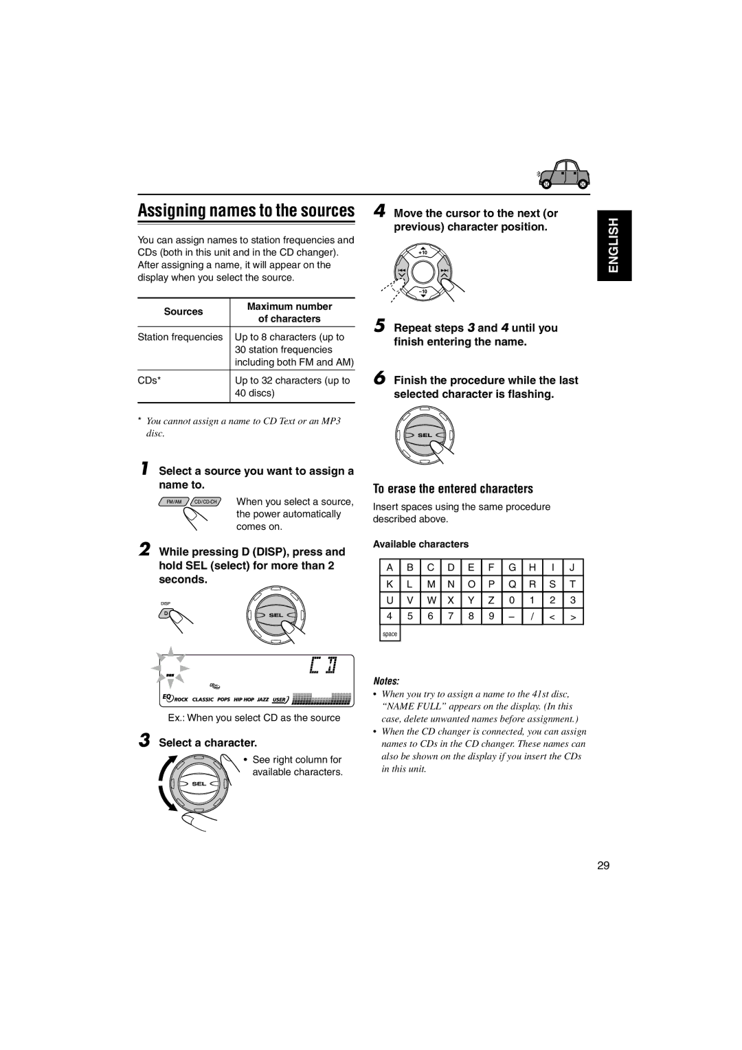 JVC KD-SX995 manual To erase the entered characters, Select a source you want to assign a name to, Select a character 