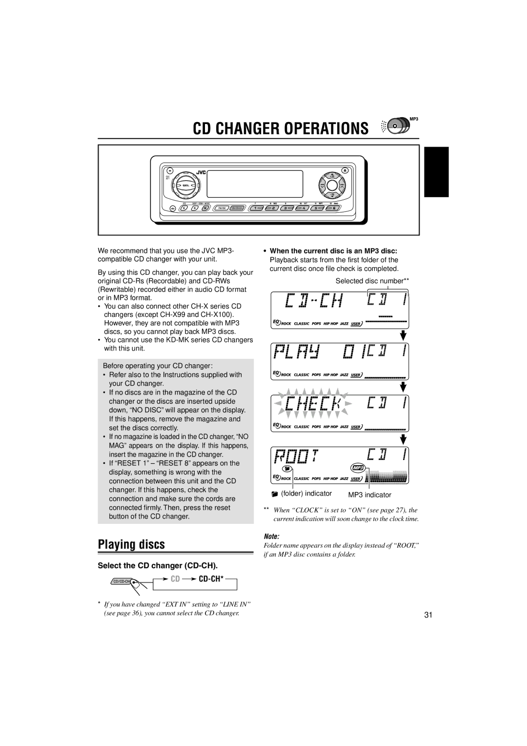 JVC KD-SX995 manual CD Changer Operations, Playing discs, Select the CD changer CD-CH CD CD-CH 