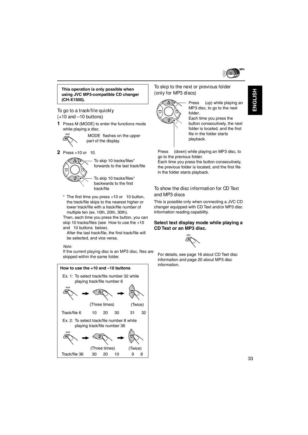 JVC KD-SX995 manual Only for MP3 discs, To show the disc information for CD Text and MP3 discs, Track/file 36 \ 30 \ 20 