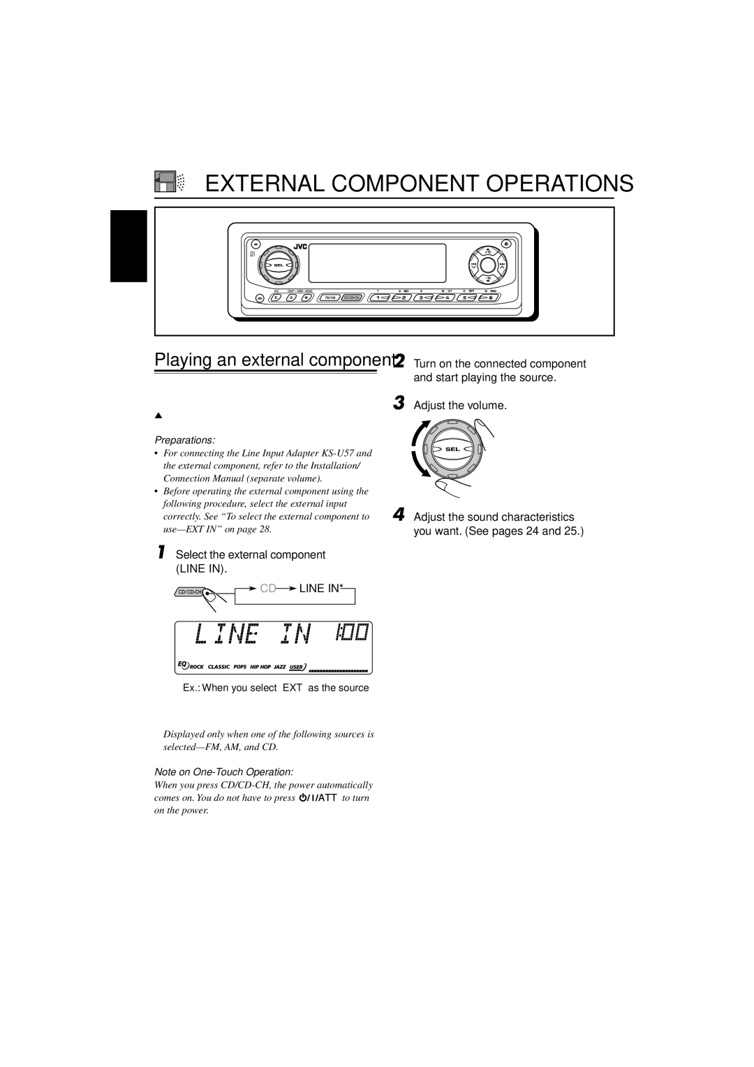 JVC KD-SX995 External Component Operations, Playing an external component, Select the external component Line, CD Line 