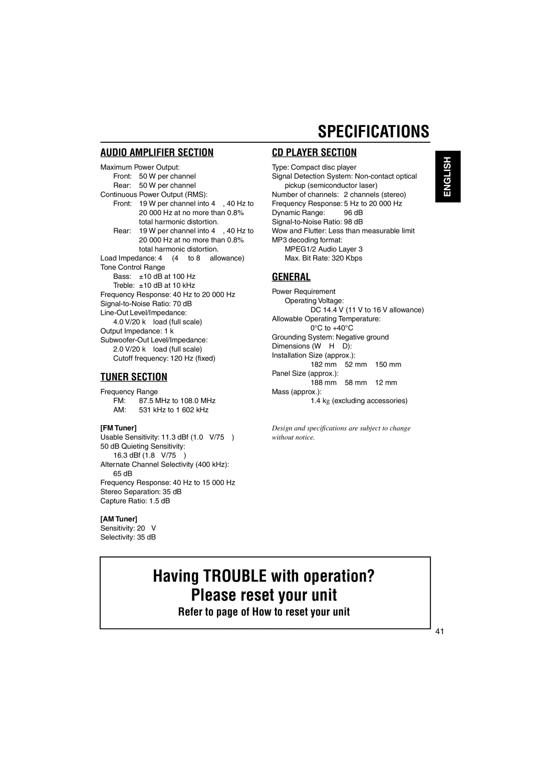 JVC KD-SX995 manual Specifications, Frequency Range MHz to 108.0 MHz KHz to 1 602 kHz, FM Tuner, AM Tuner 