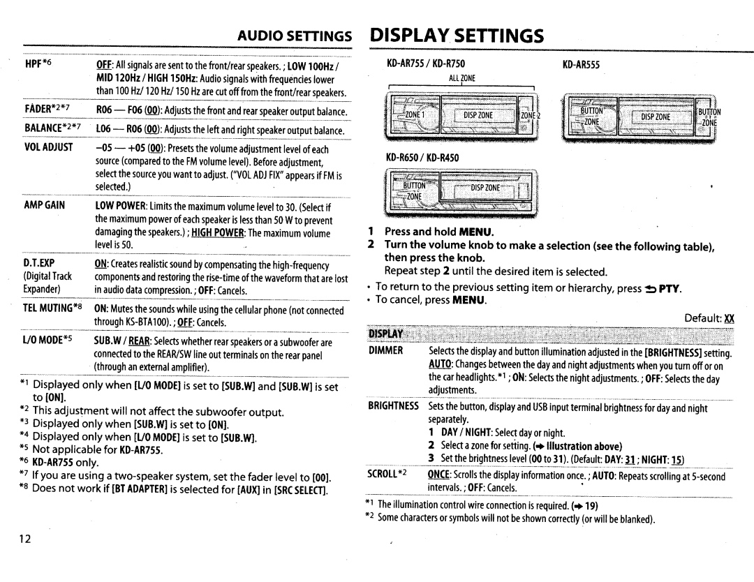 JVC KDR650 instruction manual +05, Cancel, press Menu, Displayed only when L/0, Not applicable for KD-AR755 