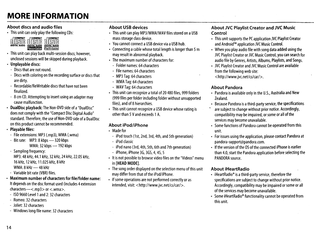 JVC KDR650 About discs and audio files, About USB devices, About iPod/iPhone, About JVC Playlist Creator and JVC Music 