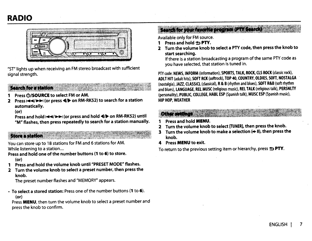 JVC KDR650 To 6 to store, Or press~~ on RM-RK52 to search for a station, Press and hold one of the number buttons, Flashes 