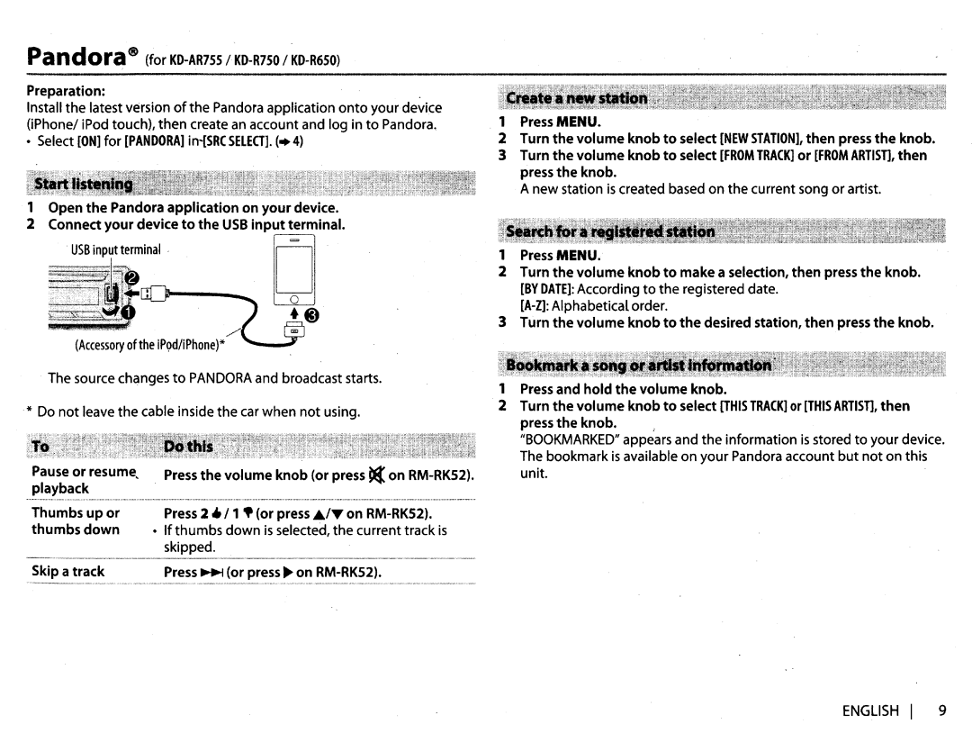 JVC KDR650 Preparation, Pandora for KD-AR7ss/KD-R7so 1KD-R6so, If thumbs down is selected, the current track is, Skipped 