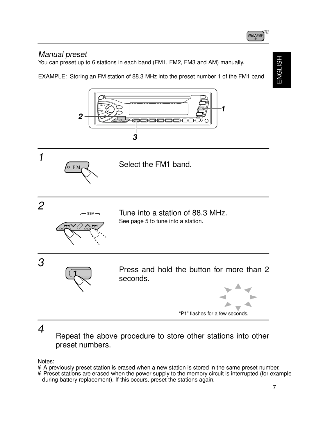 JVC KDS600 manual Manual preset, Tune into a station of 88.3 MHz, Press and hold the button for more than 2 seconds 