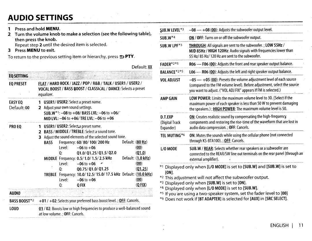 JVC KDX210 instruction manual Audio Settings, 08- +08, l06- R06, R06- F06 