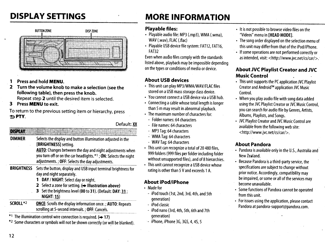 JVC KDX210 Display Settings, More, Information, Playable files, About USB devices, About JVC Playlist Creator and JVC 