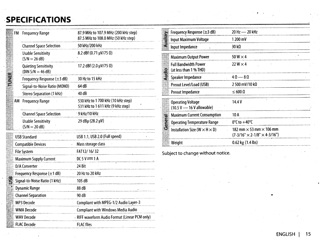 JVC KDX210 instruction manual Specifications, 40-80, Subject to chang~ without notice, SIN= 26 dB 