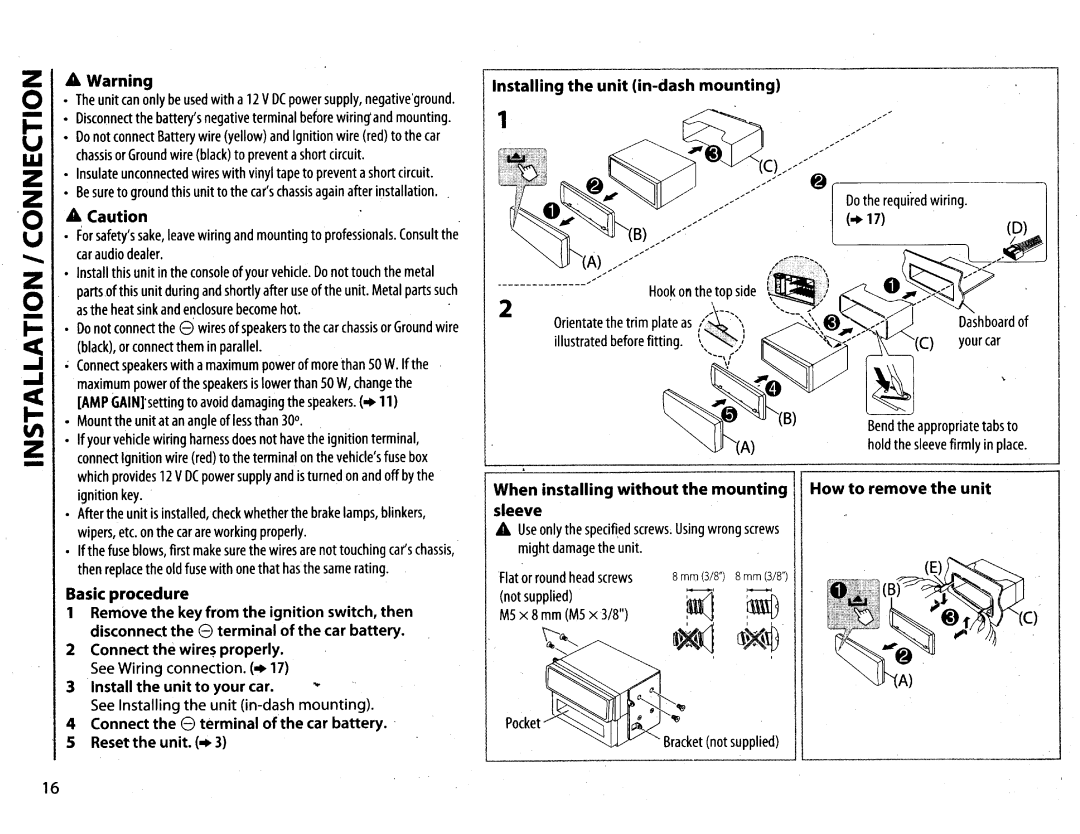 JVC KDX210 ~~/~, ~~~, A Warning, Installing the unit in-dashmounting, A Caution, When installing without the mounting 