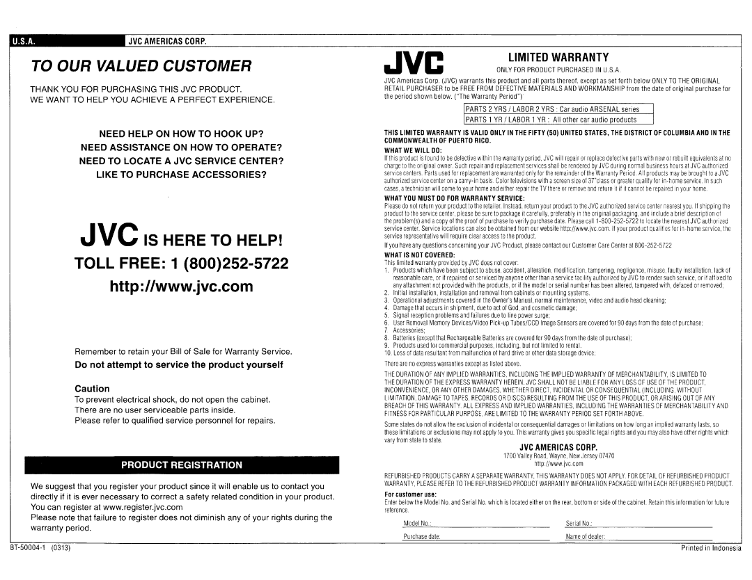 JVC KDX210 instruction manual Jvc Is Here To Help Toll Free, To Our Valued Customer, Limited Warranty 