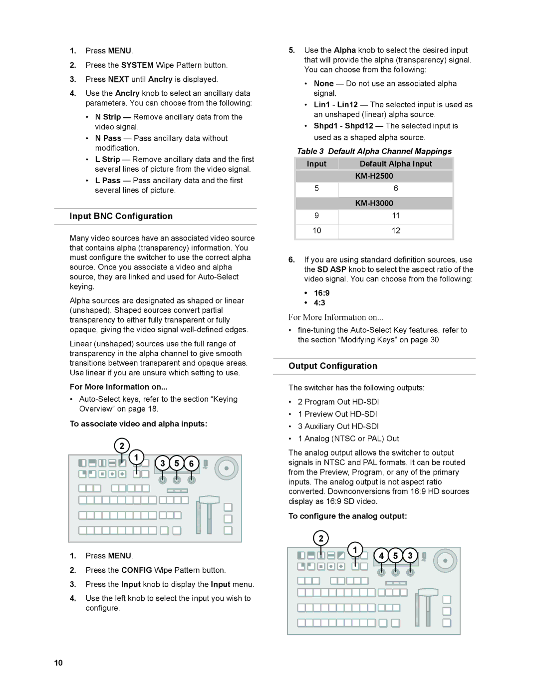 JVC KM-H2500U, KM-H3000U, KM-H3000E, KM-H2500E Input BNC Configuration, Output Configuration, Default Alpha Channel Mappings 