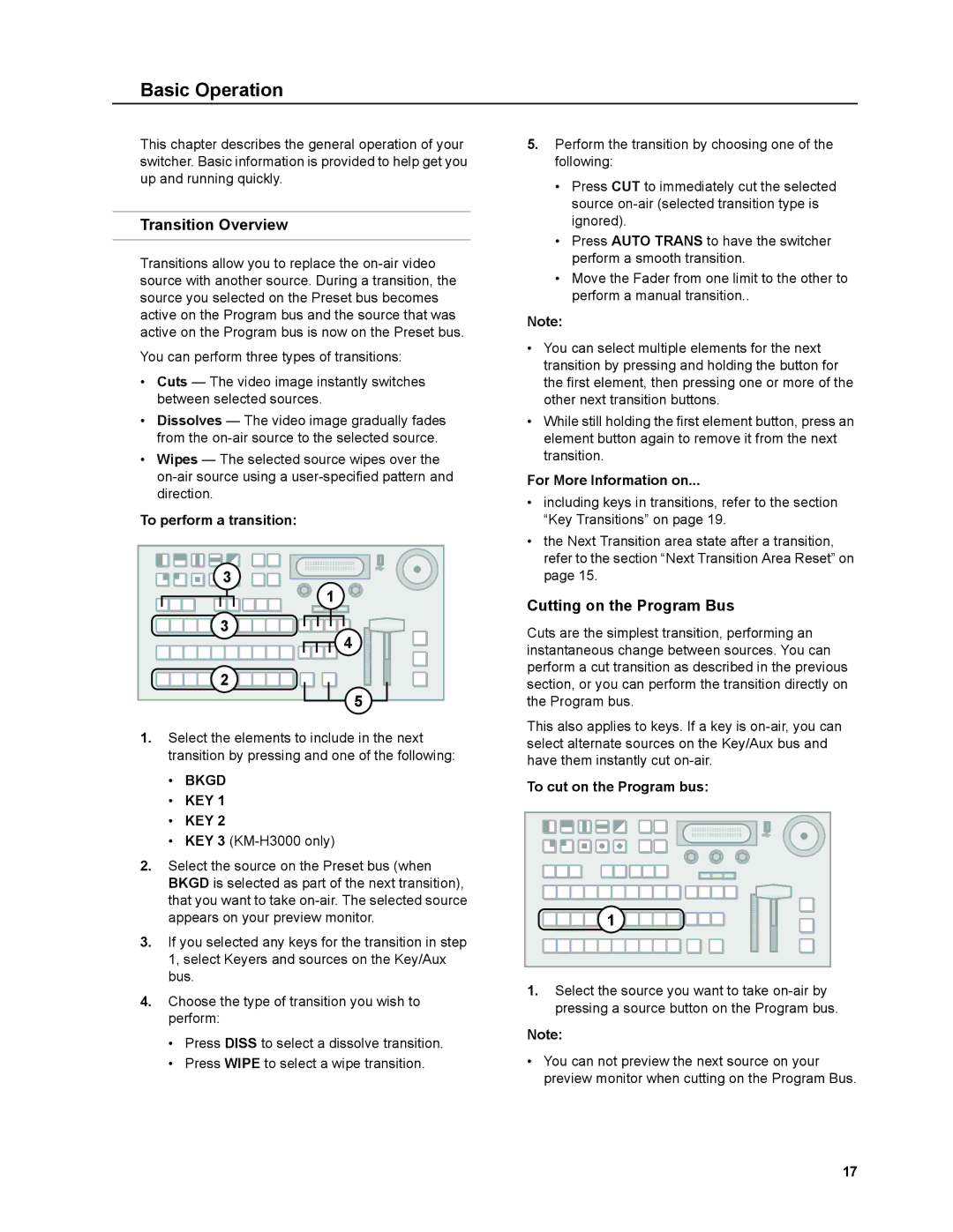 JVC KM-H3000E Transition Overview, Cutting on the Program Bus, To perform a transition, Key, To cut on the Program bus 