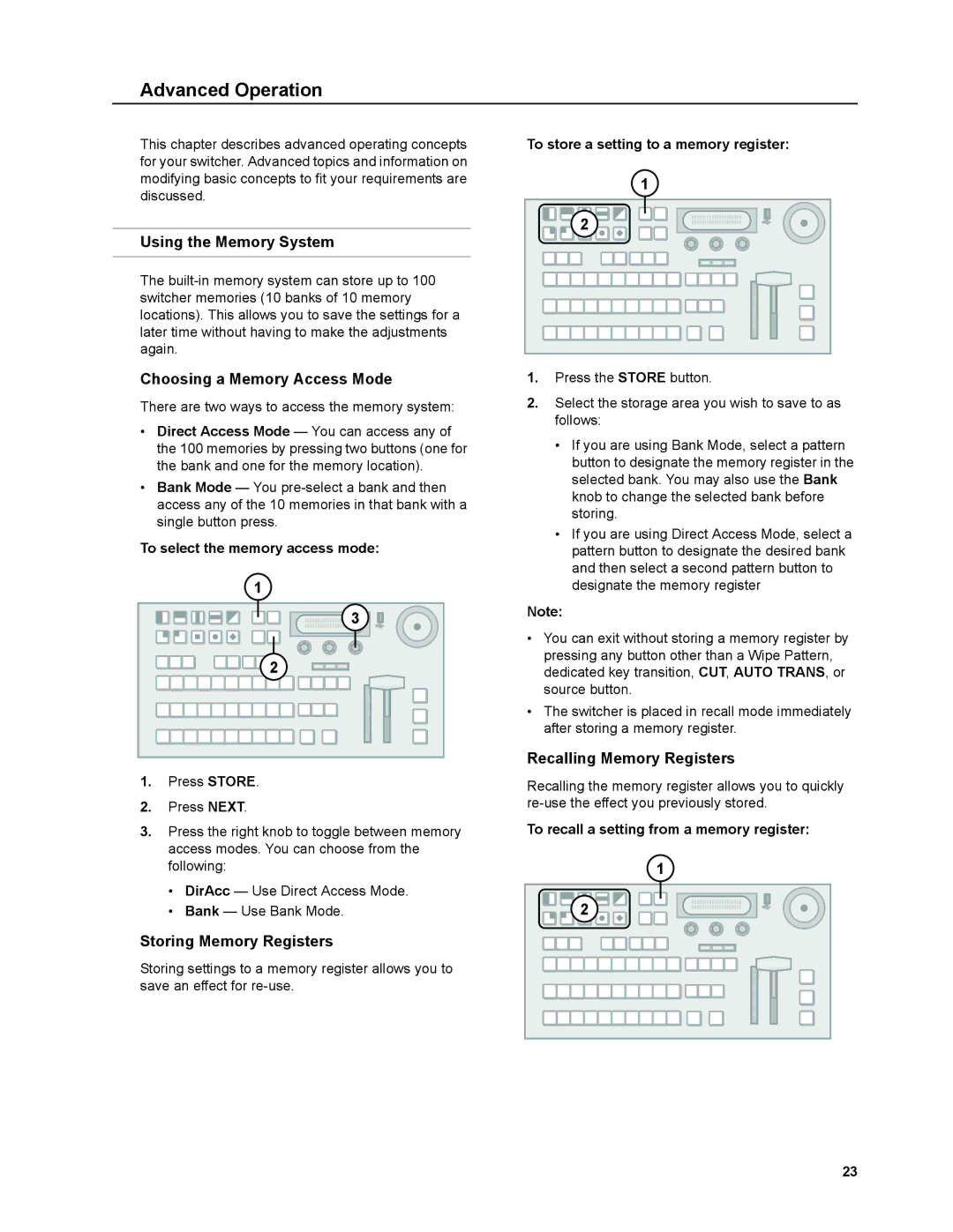 JVC KM-H2500E Using the Memory System, Choosing a Memory Access Mode, Storing Memory Registers, Recalling Memory Registers 