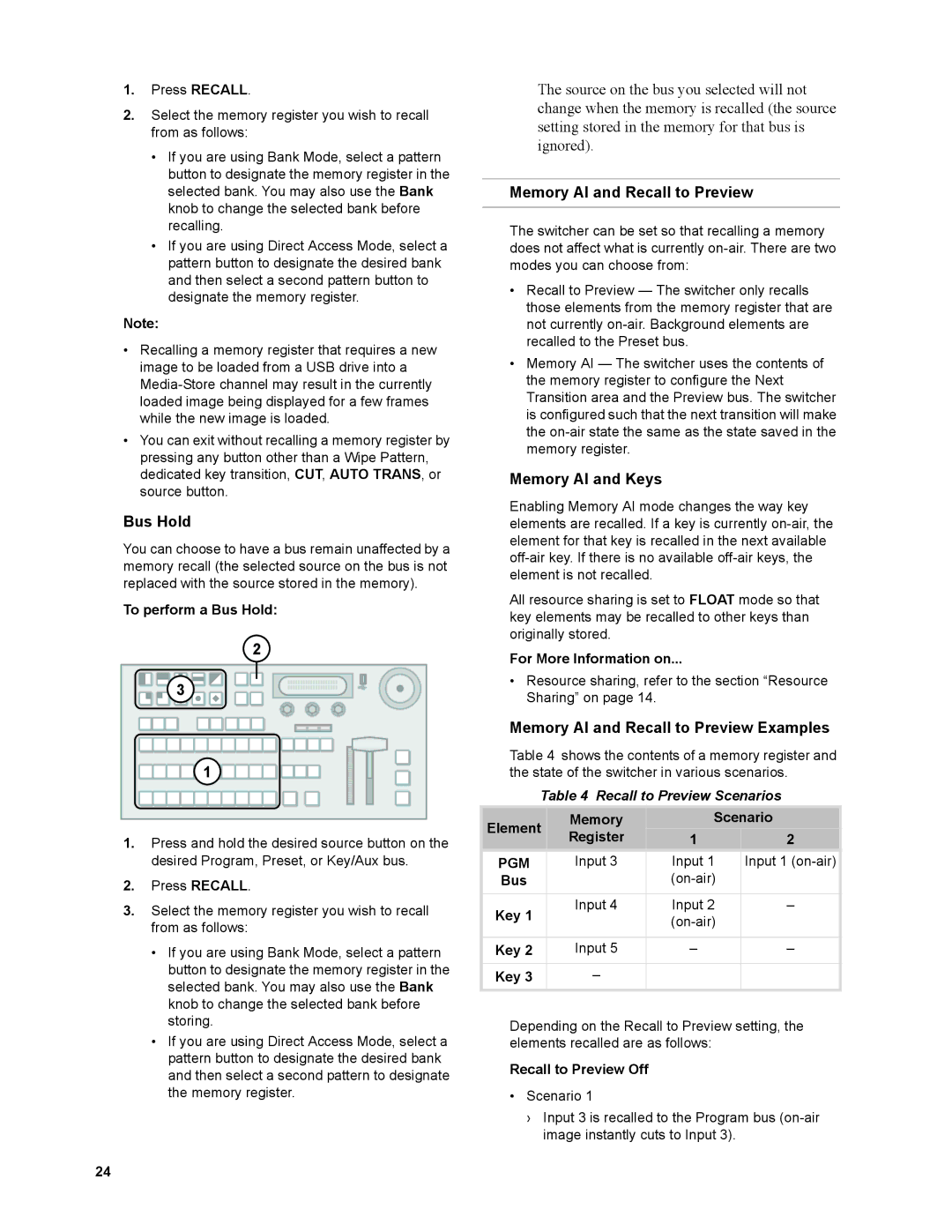 JVC KM-H2500 manual Bus Hold, Memory AI and Keys, Memory AI and Recall to Preview Examples, Recall to Preview Scenarios 