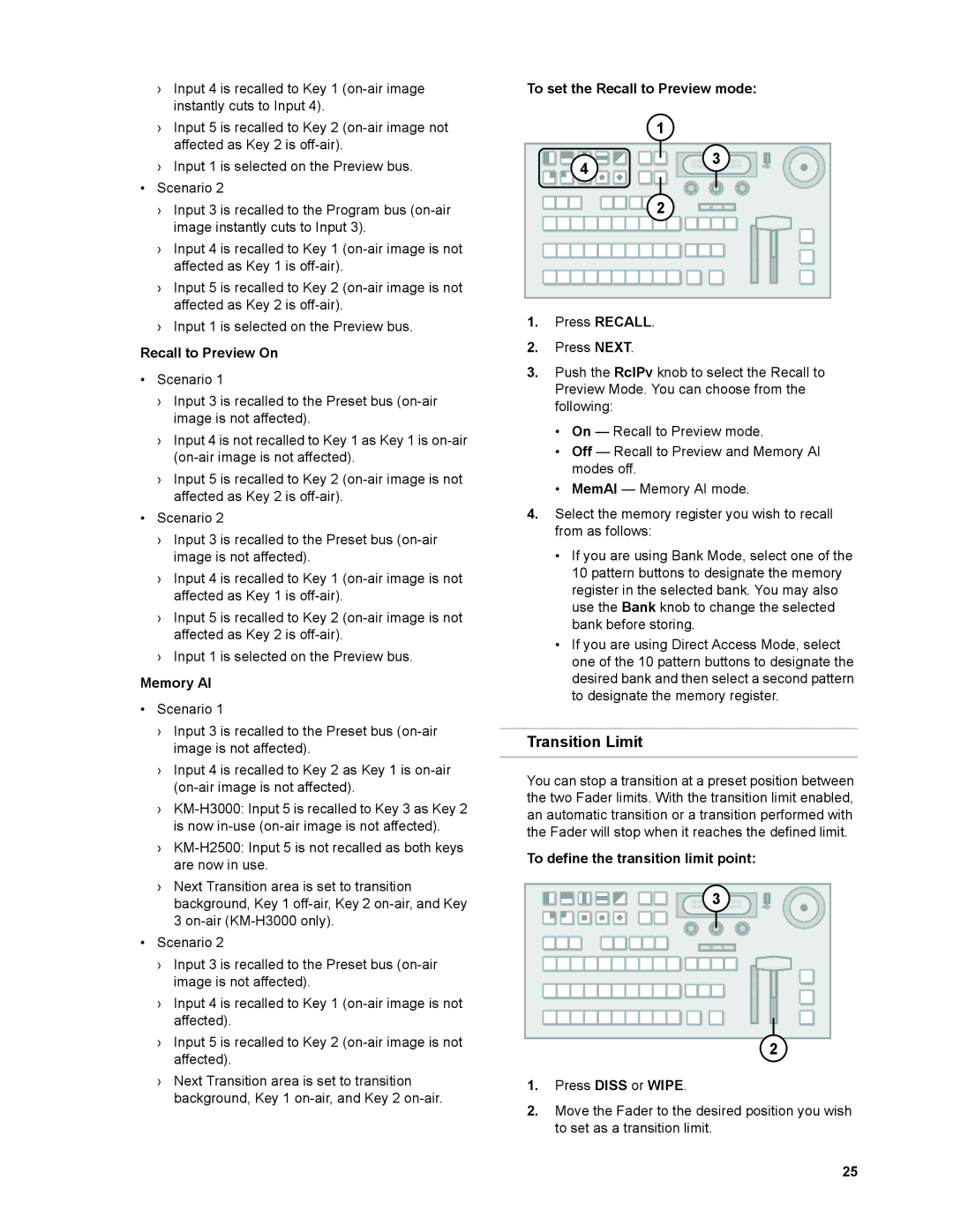 JVC KM-H2500U, KM-H3000U, KM-H3000E Transition Limit, Recall to Preview On, Memory AI, To set the Recall to Preview mode 