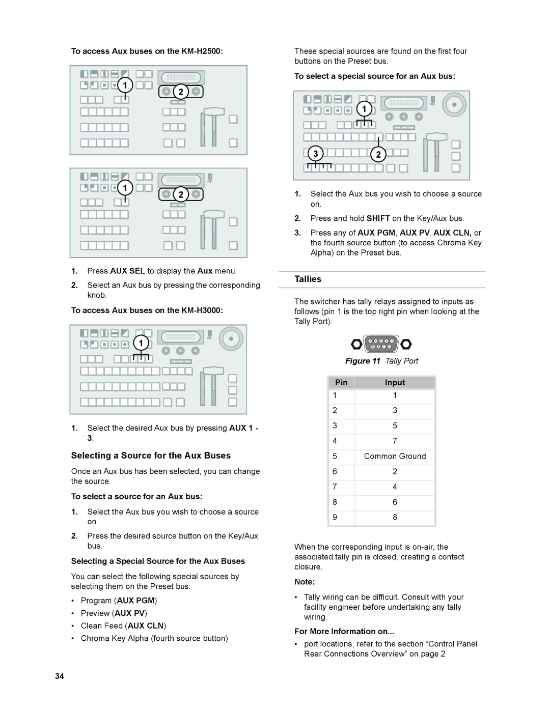 JVC KM-H2500U, KM-H3000U, KM-H3000E, KM-H2500E manual Tallies, Selecting a Source for the Aux Buses 