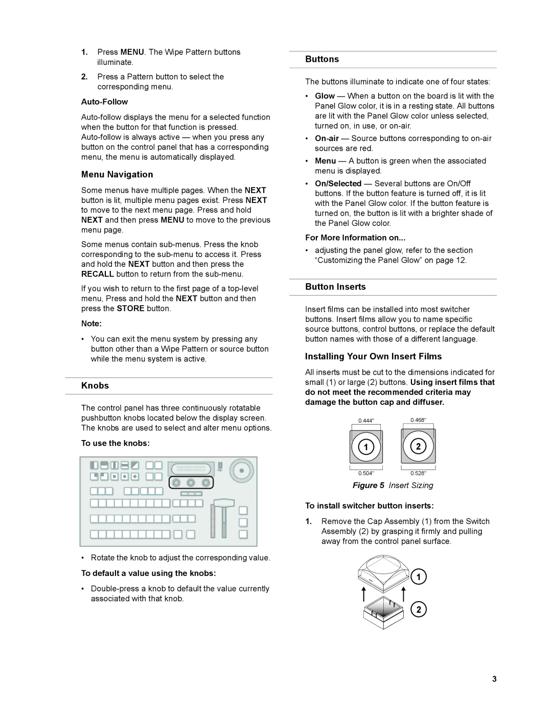 JVC KM-H2500E, KM-H2500U, KM-H3000U manual Menu Navigation, Knobs, Buttons, Button Inserts, Installing Your Own Insert Films 