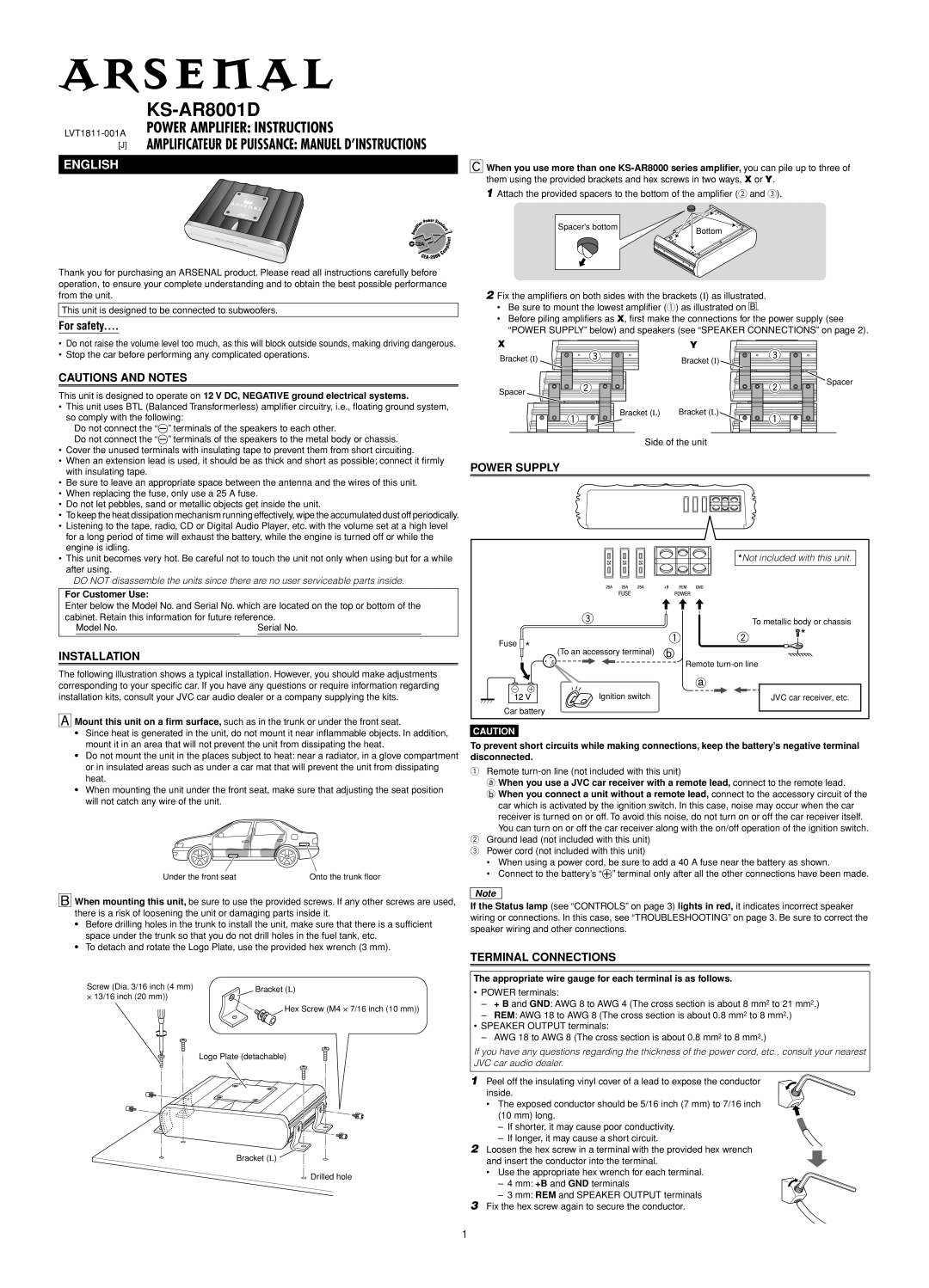 JVC KS-AR8001D user service Power Supply, Installation, Terminal Connections, For Customer Use 