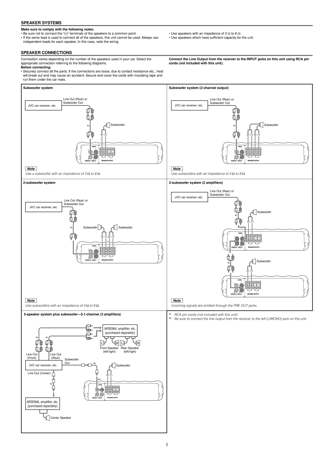 JVC KS-AR8001D Speaker Systems, Speaker Connections, Make sure to comply with the following notes, Before connecting 