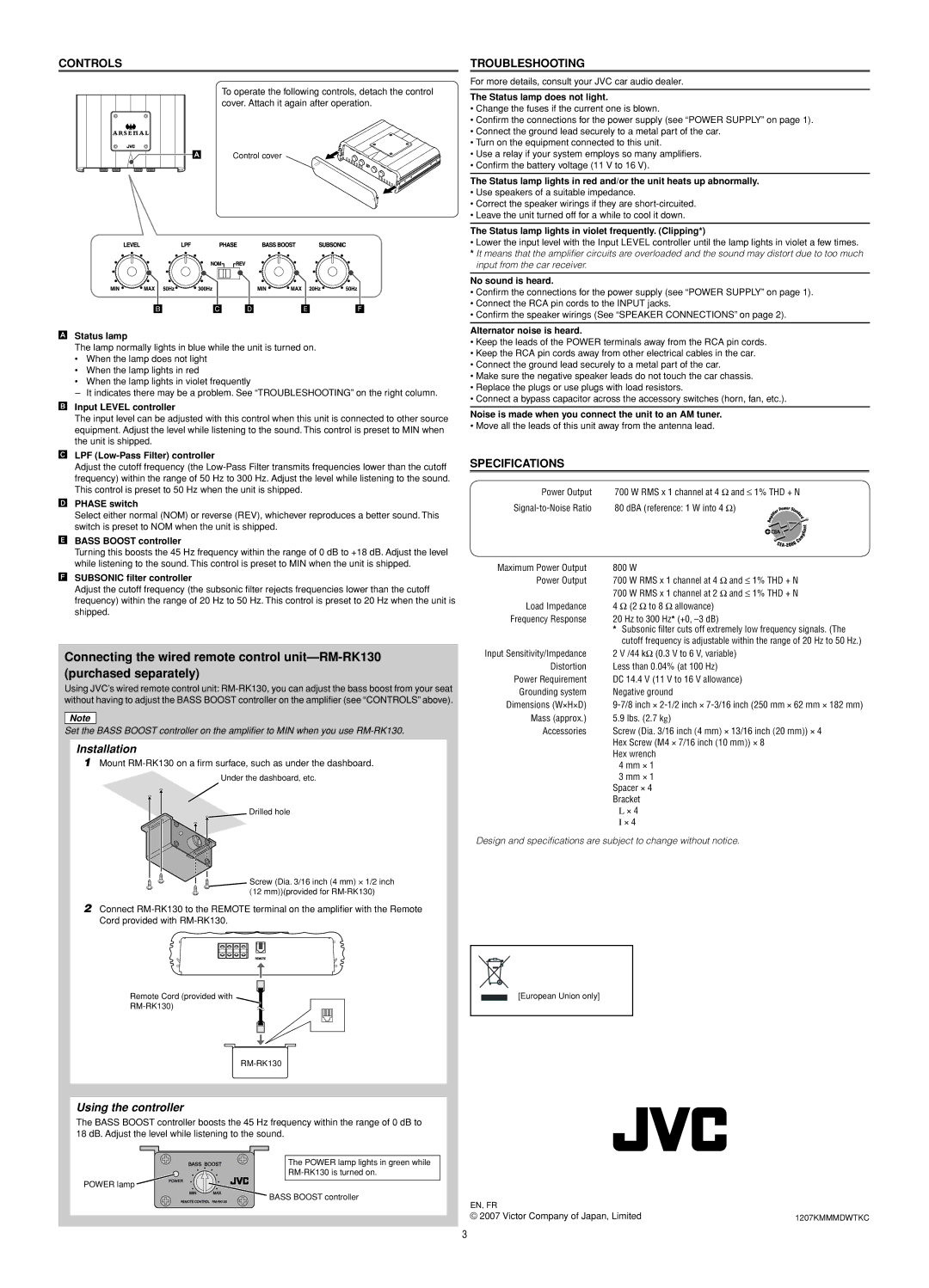 JVC KS-AR8001D user service Controls, Troubleshooting, Specifications 