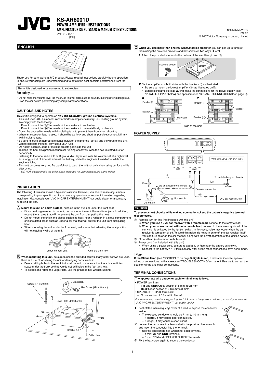 JVC KS-AR8001D user service Power Amplifier Instructions 