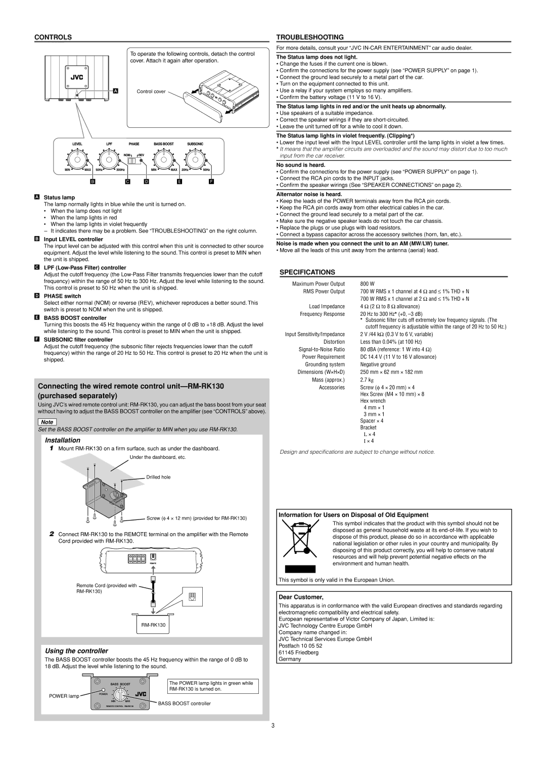 JVC KS-AR8001D user service Information for Users on Disposal of Old Equipment 