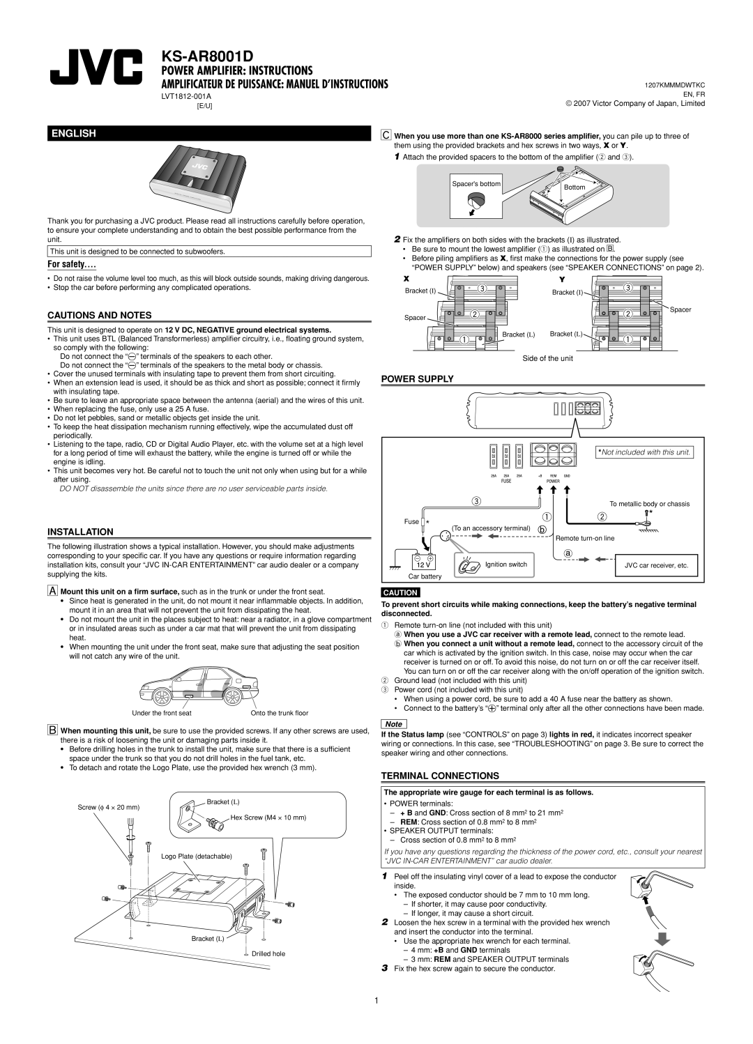 JVC KS-AR8001D Power Amplifier Instructions, English, For safety, Cautions And Notes, Power Supply, Installation 