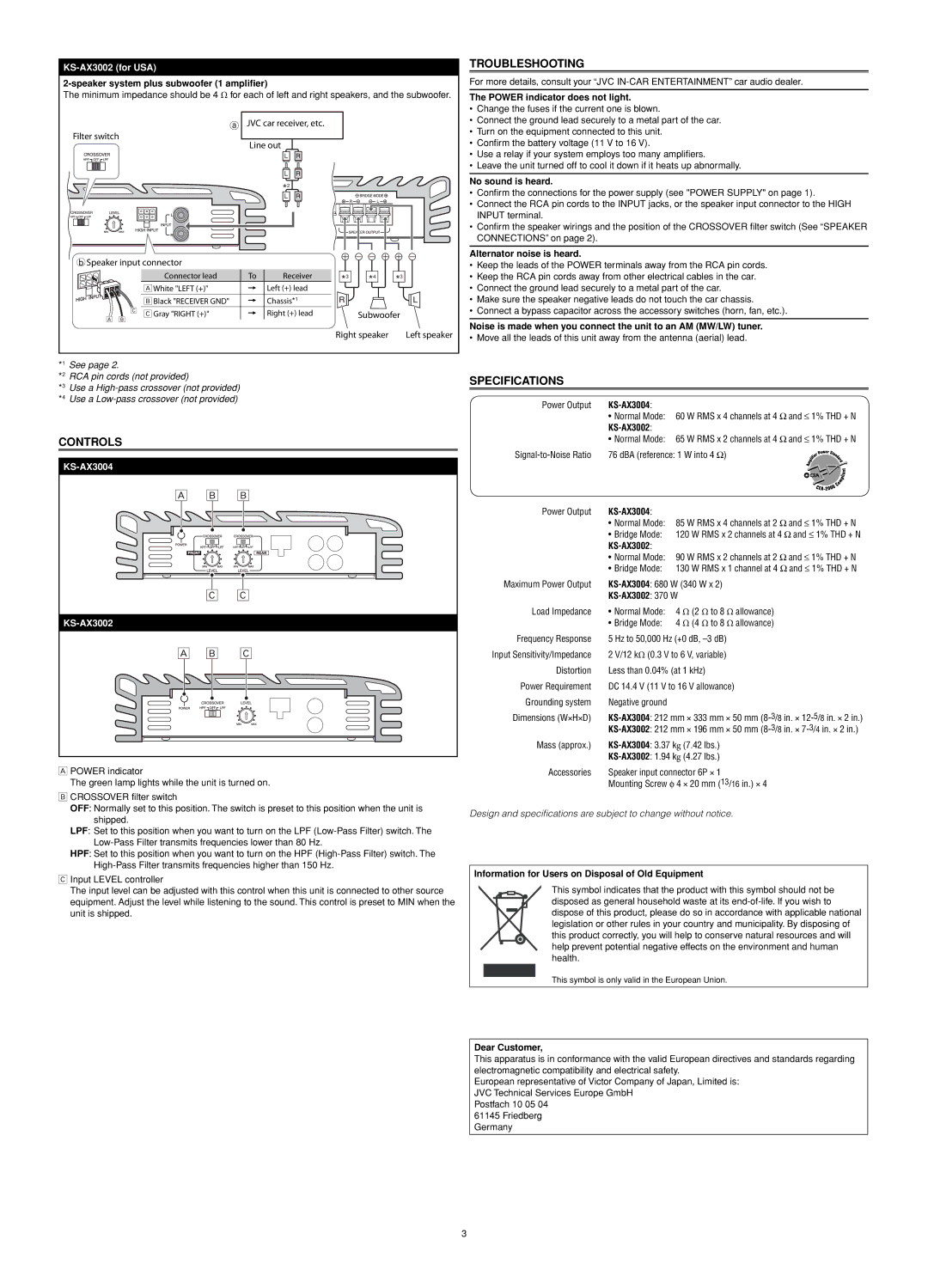 JVC KS-AX3002, KS-AX3004 user service Controls, Troubleshooting, Specifications 