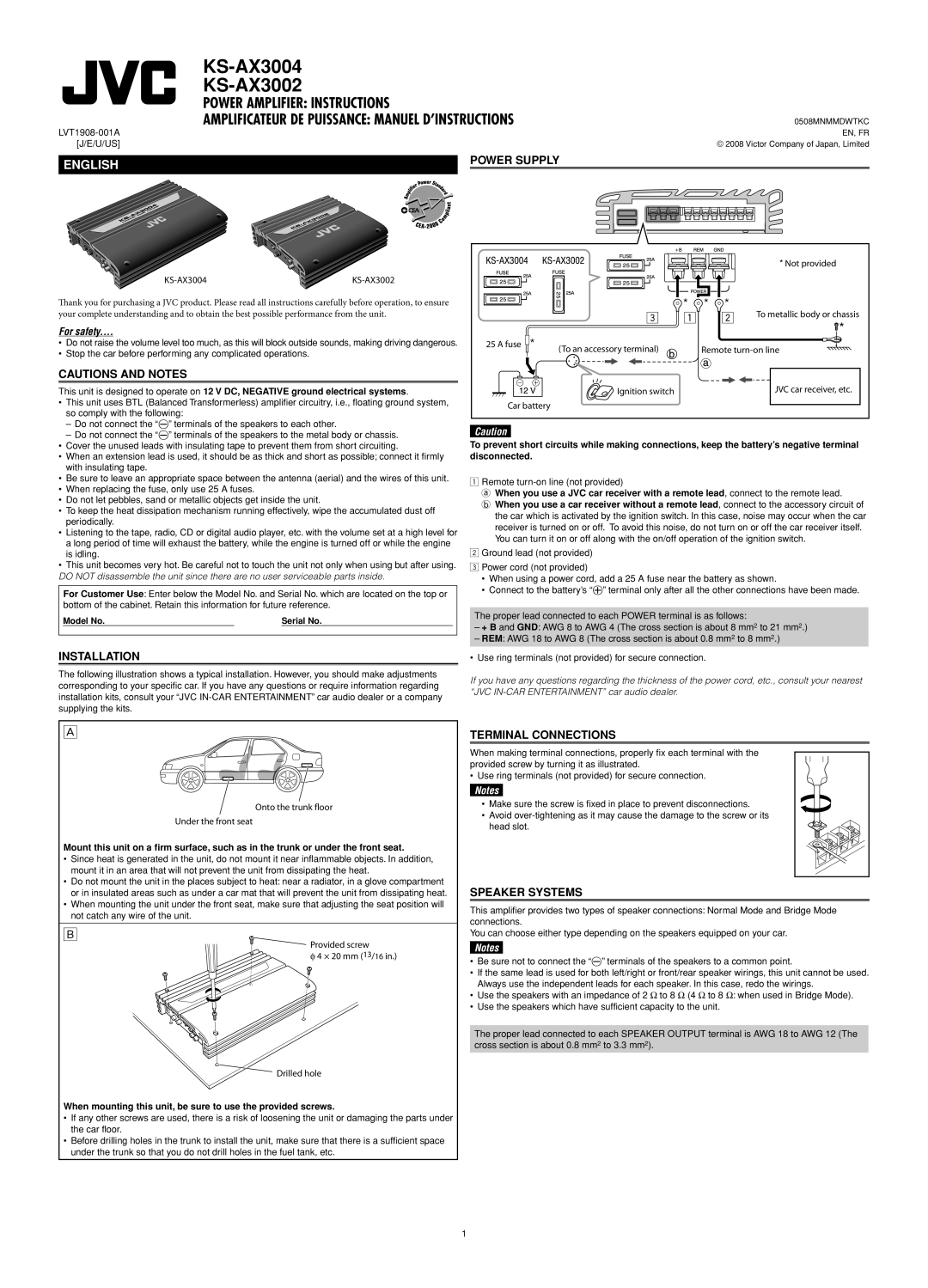 JVC KS-AX3002 user service Power Supply, Cautions And Notes, Installation, Terminal Connections, Speaker Systems, English 