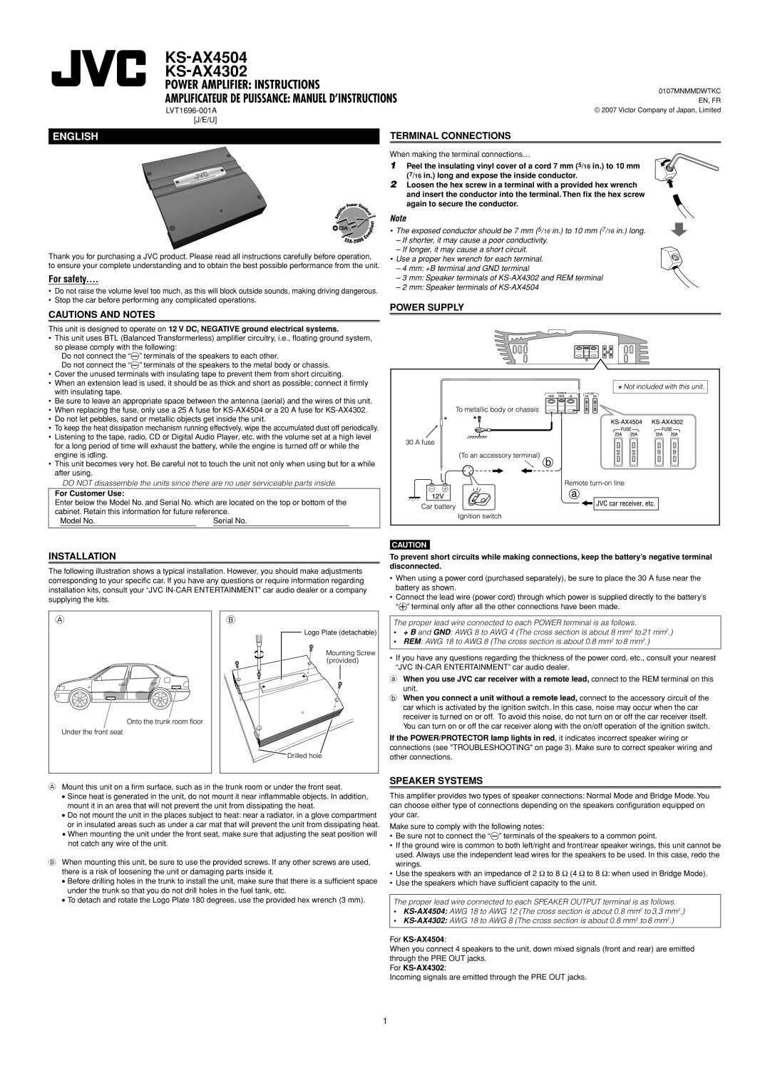 JVC KS-AX4302, KS-AX4504 user service Terminal Connections, Power Supply, Installation, Speaker Systems 