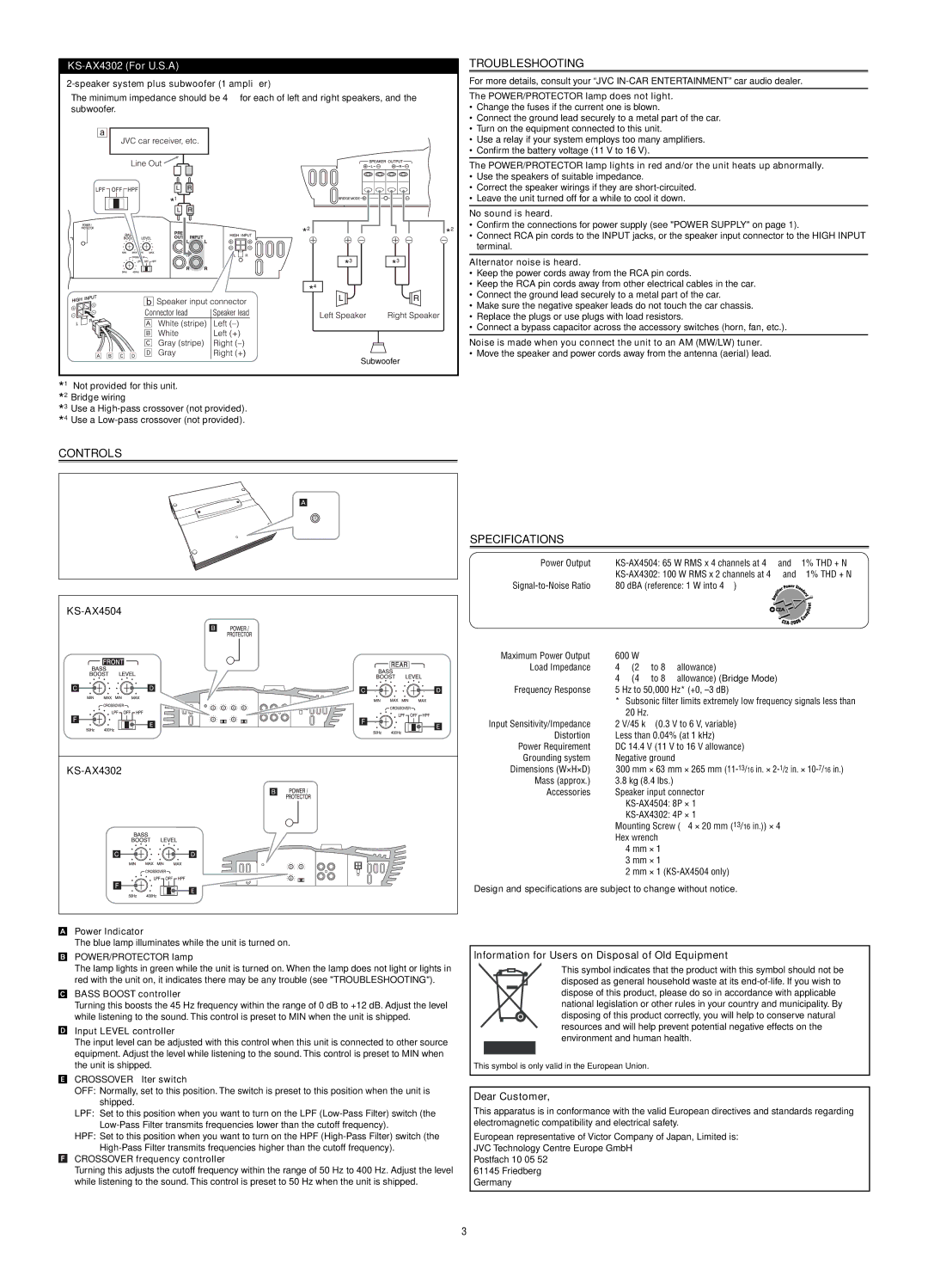 JVC KS-AX4504 user service Troubleshooting, Controls, Specifications, KS-AX4302 For U.S.A 