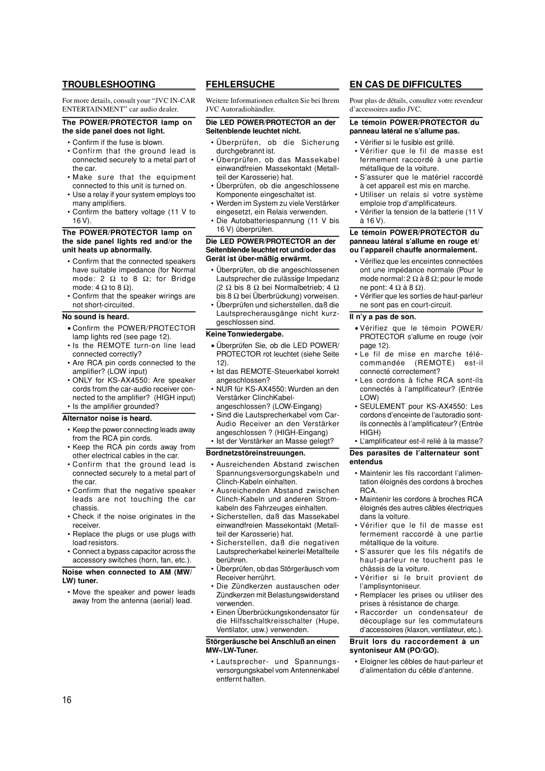 JVC KS-AX4550 manual Troubleshooting, Fehlersuche, EN CAS DE Difficultes 