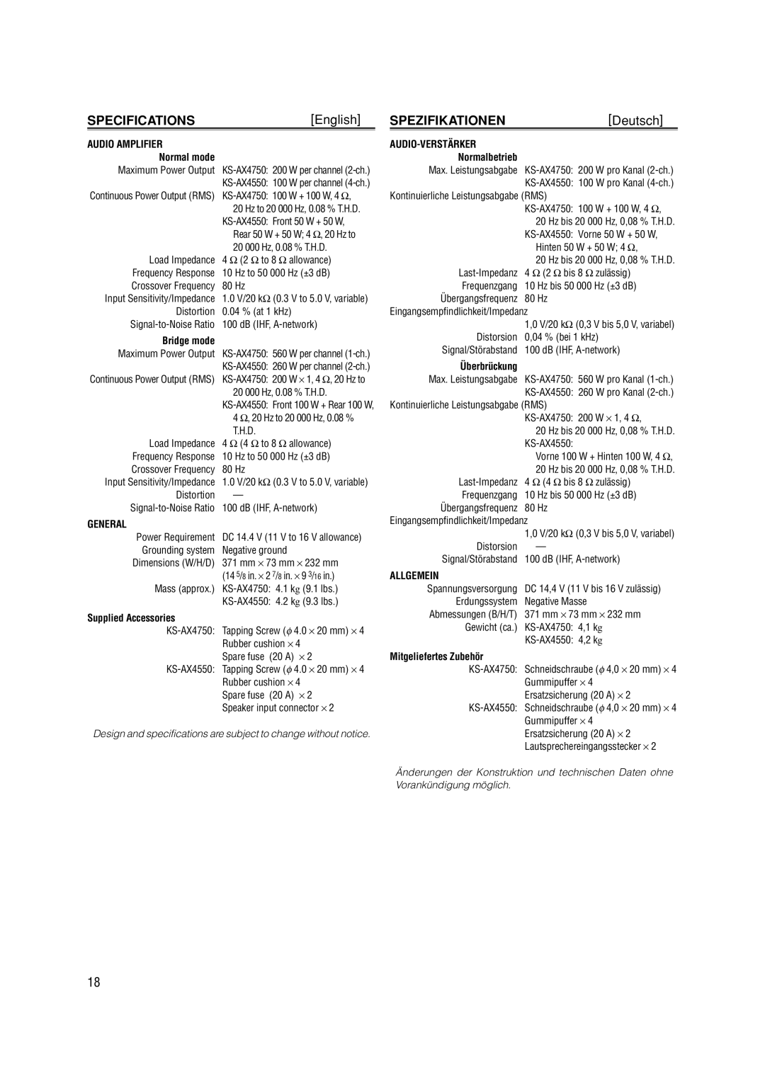 JVC KS-AX4550 manual Specifications, Spezifikationen 