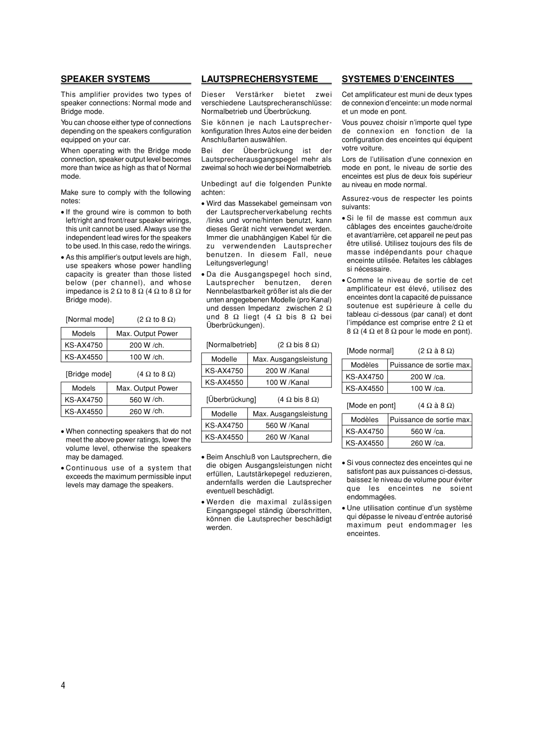 JVC KS-AX4550 manual Speaker Systems, Lautsprechersysteme, Systemes D’ENCEINTES 