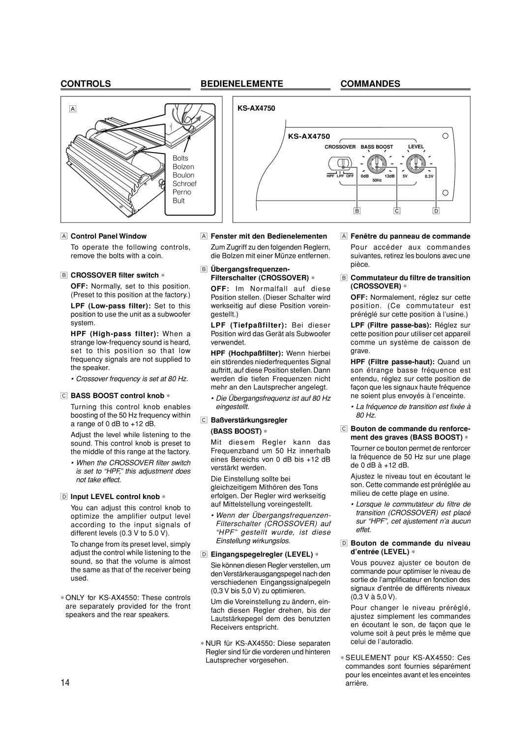 JVC KS-AX4550 manual Controls, Bedienelemente, Commandes 