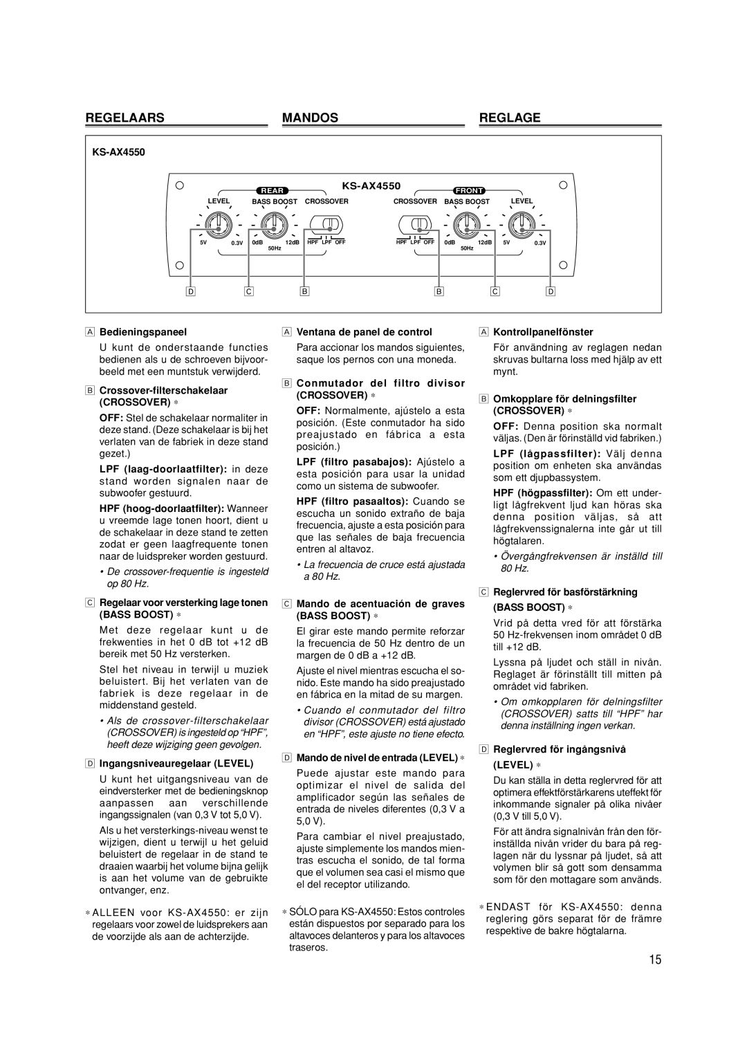 JVC KS-AX4550 manual Regelaars, Mandos, Reglage 