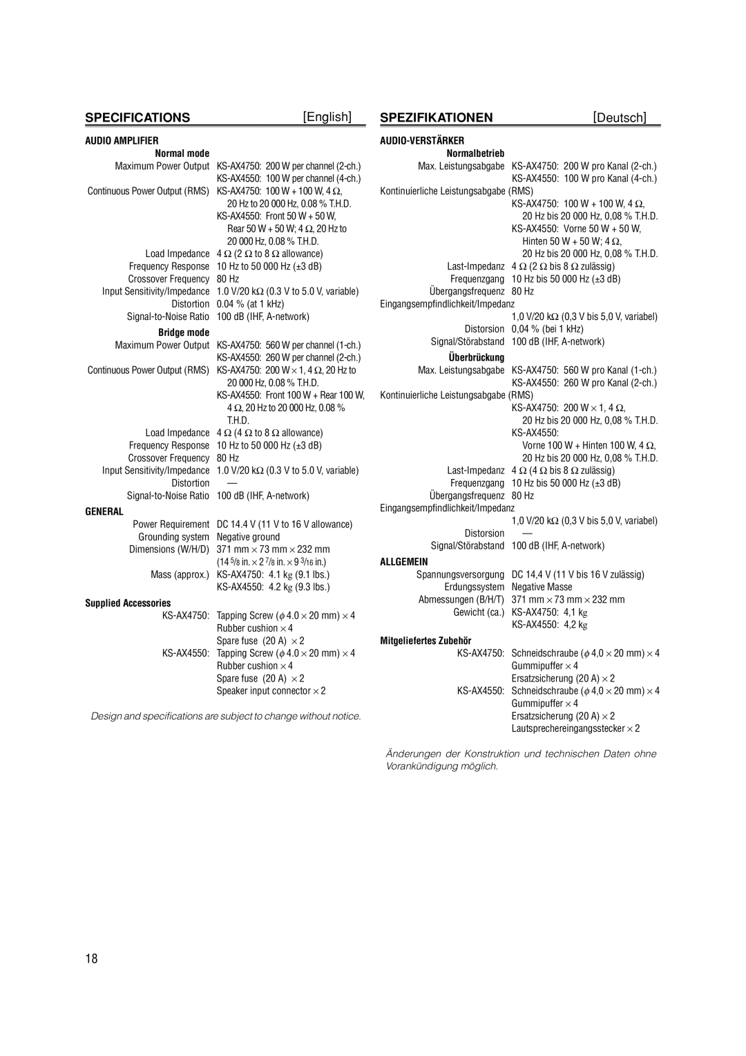 JVC KS-AX4550 manual Specifications, English, Spezifikationen, Deutsch 